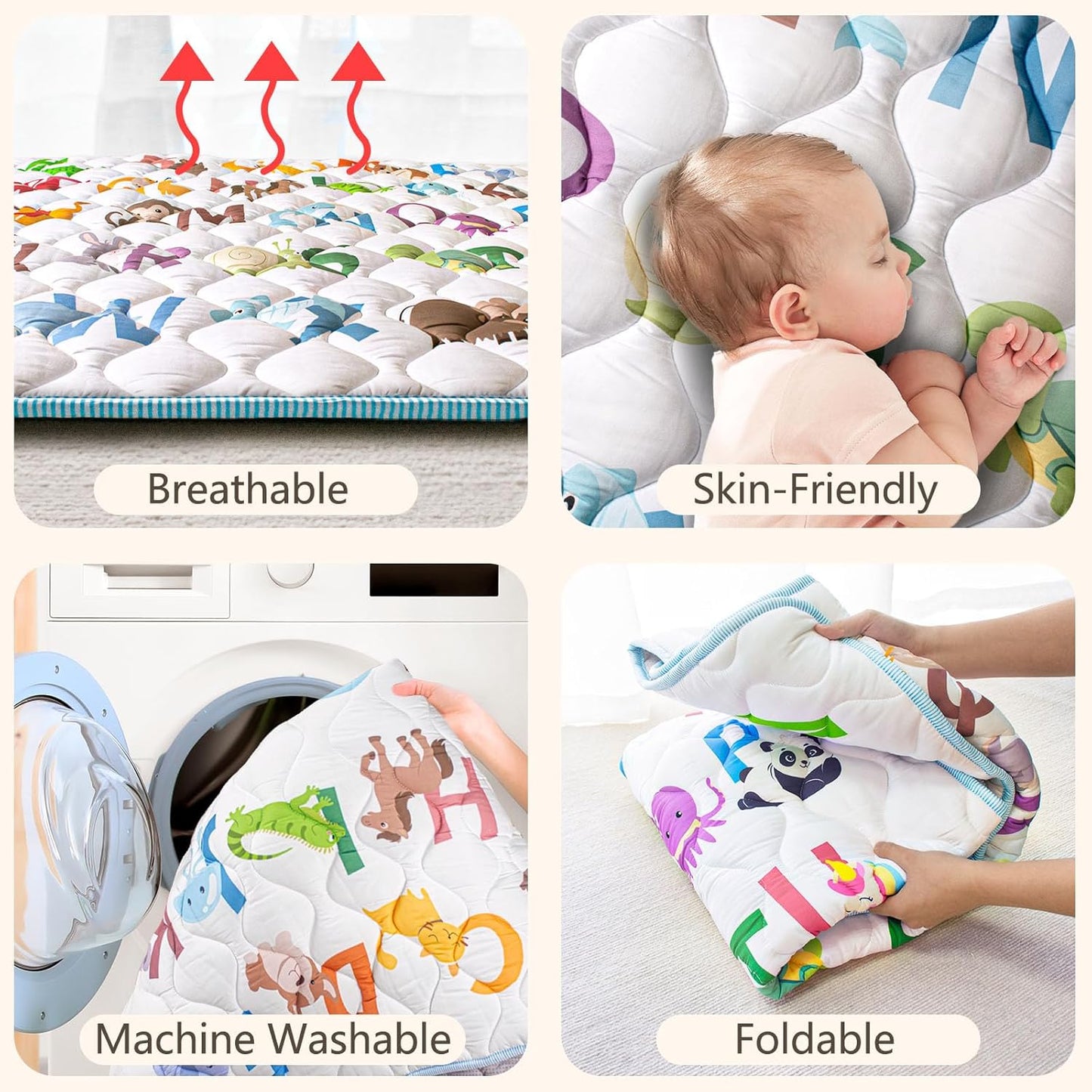 Baby Play Mat, 43x43 Mat with Super Soft Touch, Activity Mat with Upgraded Anti-Slip Bottom, Machine Washable Crawling Mat for Floor & Picnic(Animal Alphabets)