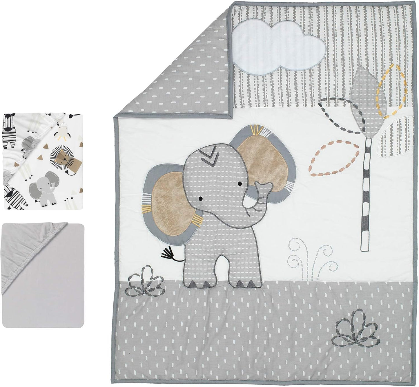 Lambs & Ivy Jungle Safari Elephant 3-Piece Mini Crib Bedding Set - Gray/White
