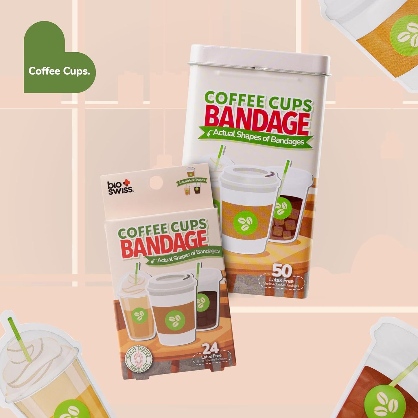 BioSwiss Bandages, Coffee Cup Shaped Self Adhesive Bandage, Latex Free Sterile Wound Care, Fun First Aid Kit Supplies for Kids, 50 Count