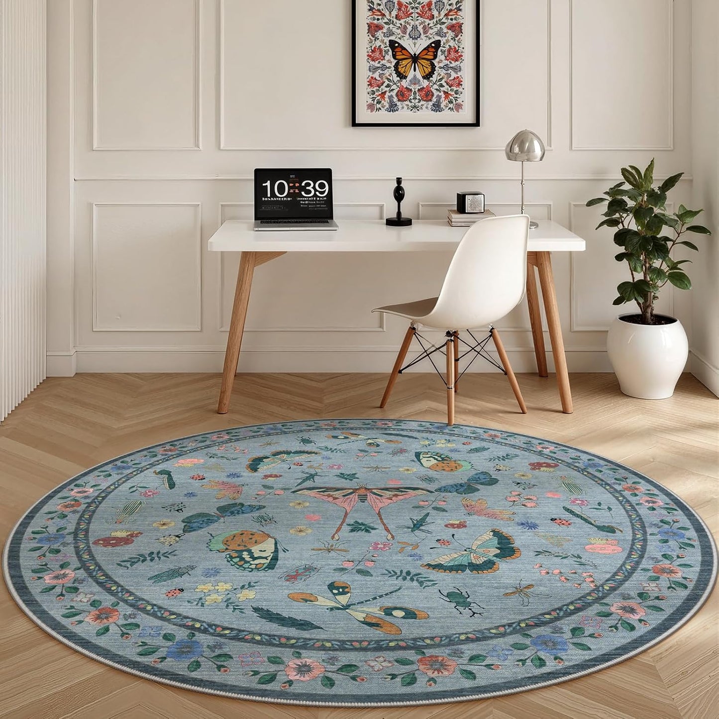 6ft Washable Round Rug - Bug Rugs for Living Room Non-Slip Low Pile Soft Ultra-Thin Machine Washable Circle Carpet for Bedroom, Entryway, Nursery, Kitchen, Home Office (6' Round Blue)