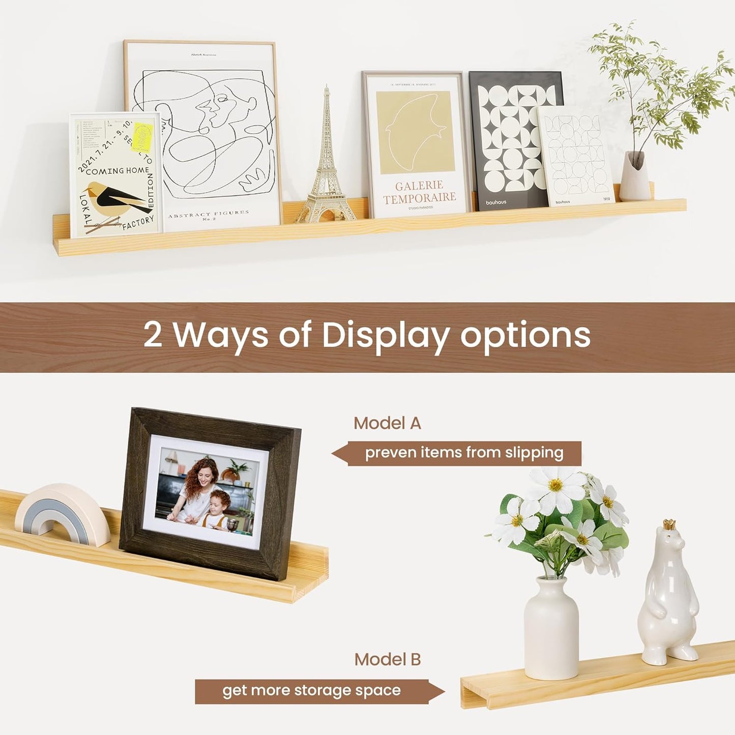 Picture Ledge Shelf, Solid Pine Wood Floating Shelves Set of 2, 40 Inches Nursery Book Shelves for Toys Storage, Kids Bookshelf Wall Mounted for Living Room Bedroom Decor Books Photo Frames, Natural