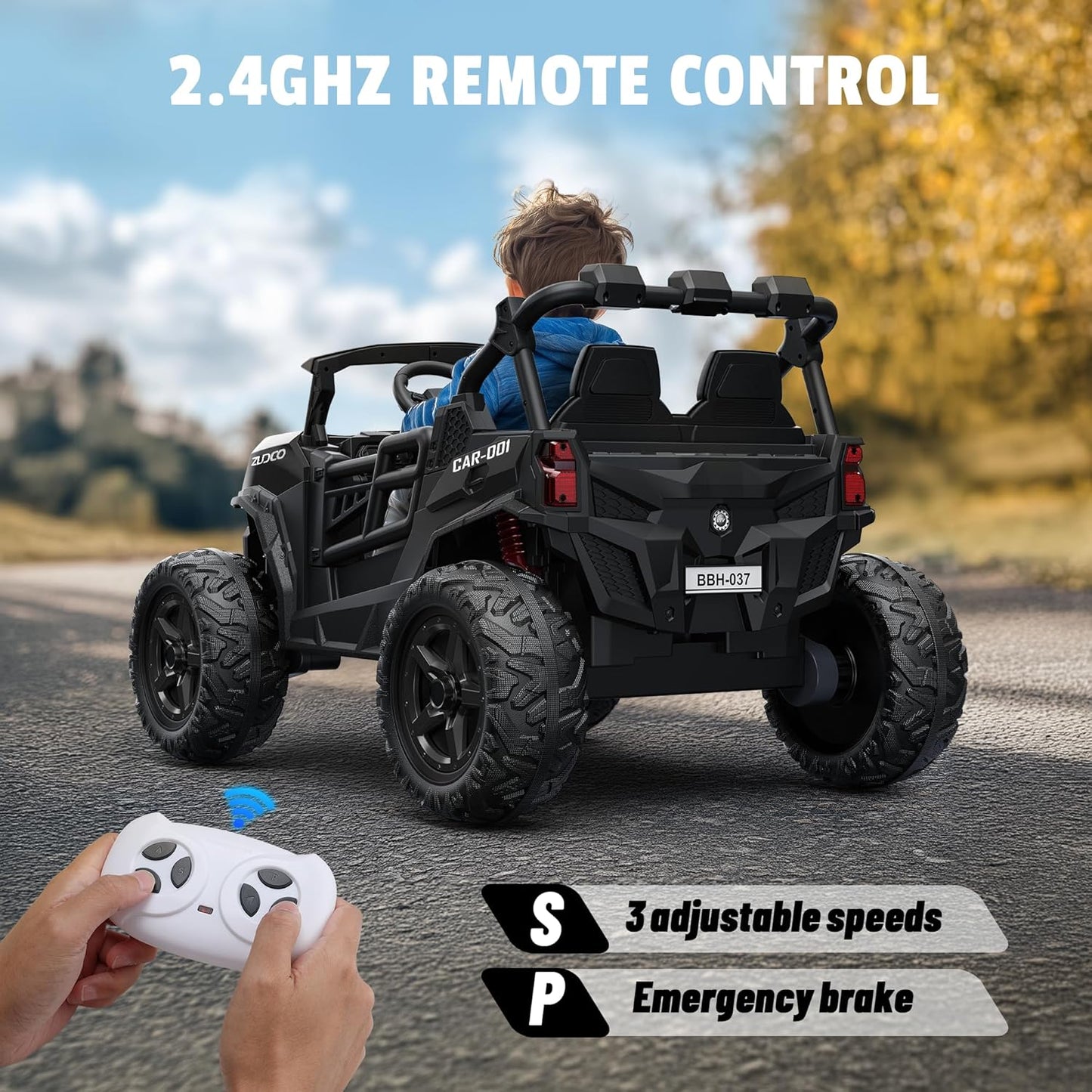 24V 2 Seater Ride on Car Truck, 4x200W, EVA Tires, 4WD/2WD, Rainbow Lights, Remote Control, Shock Absorbers, Bluetooth, Ride On UTV Toy for Kids Ages 3-8, Black