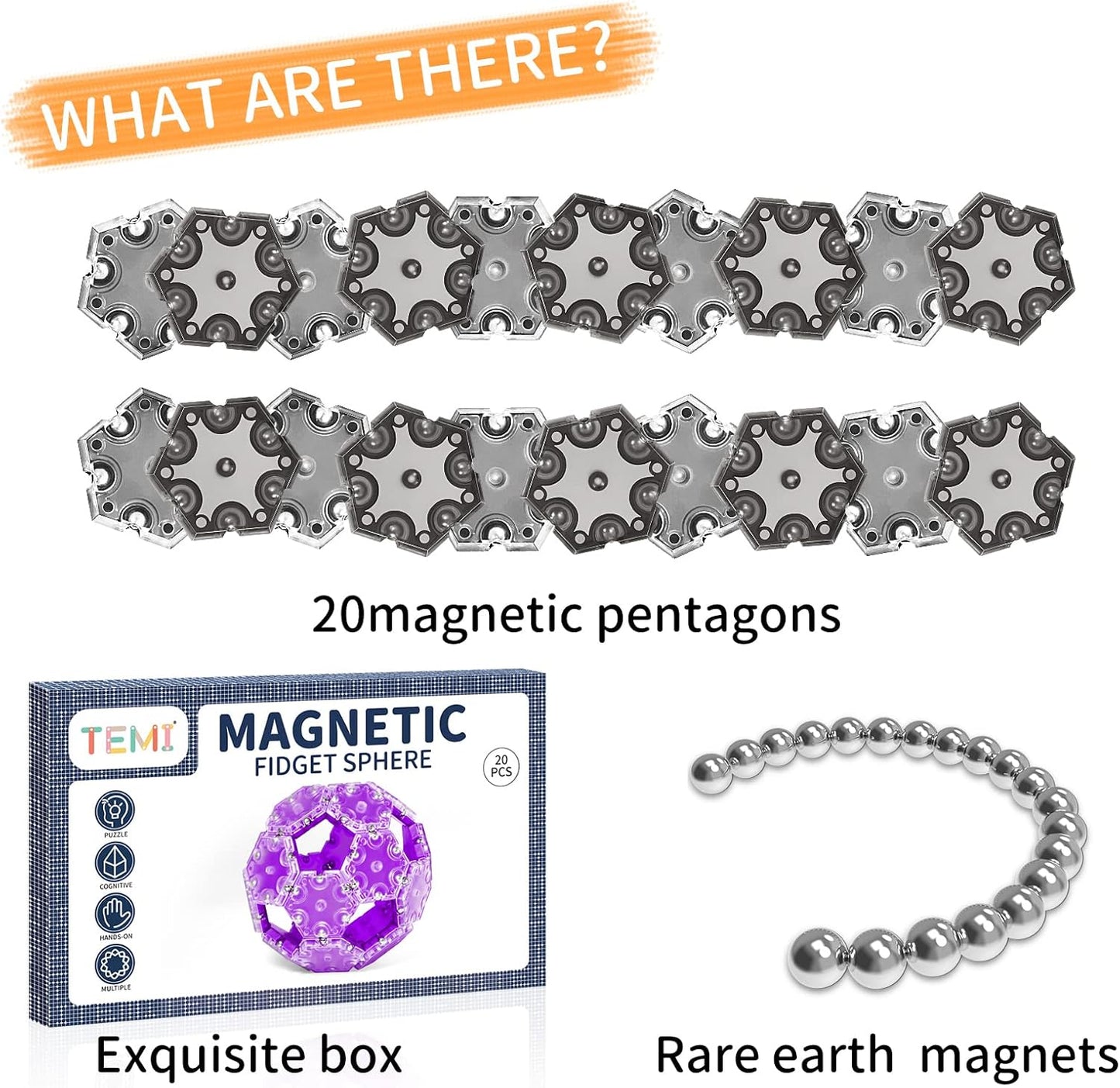 TEMI Fidget Sphere Toys of 12-Piece Set Pentagons Fun Executive Desk Toy Puzzles for Adults 14+ Years Old Boys and Girls (grey hexagon)