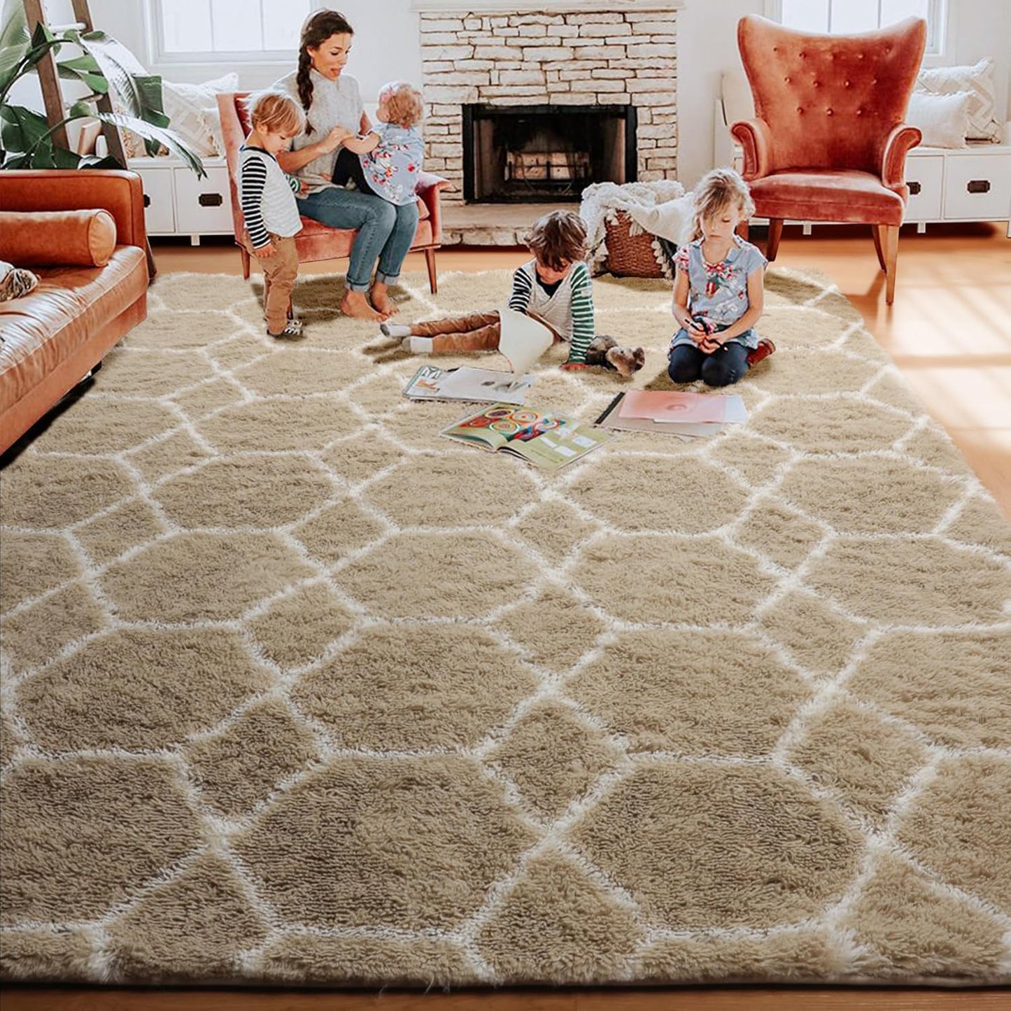 ONASAR 8x10 Area Rugs for Living Room, Fluffy Beige and White Bedroom Rug, Washable Geometric Boho Large Soft Plush Shaggy Fuzzy Floor Carpet for Nursery Kids Classroom Playroom Dorm Home Decor