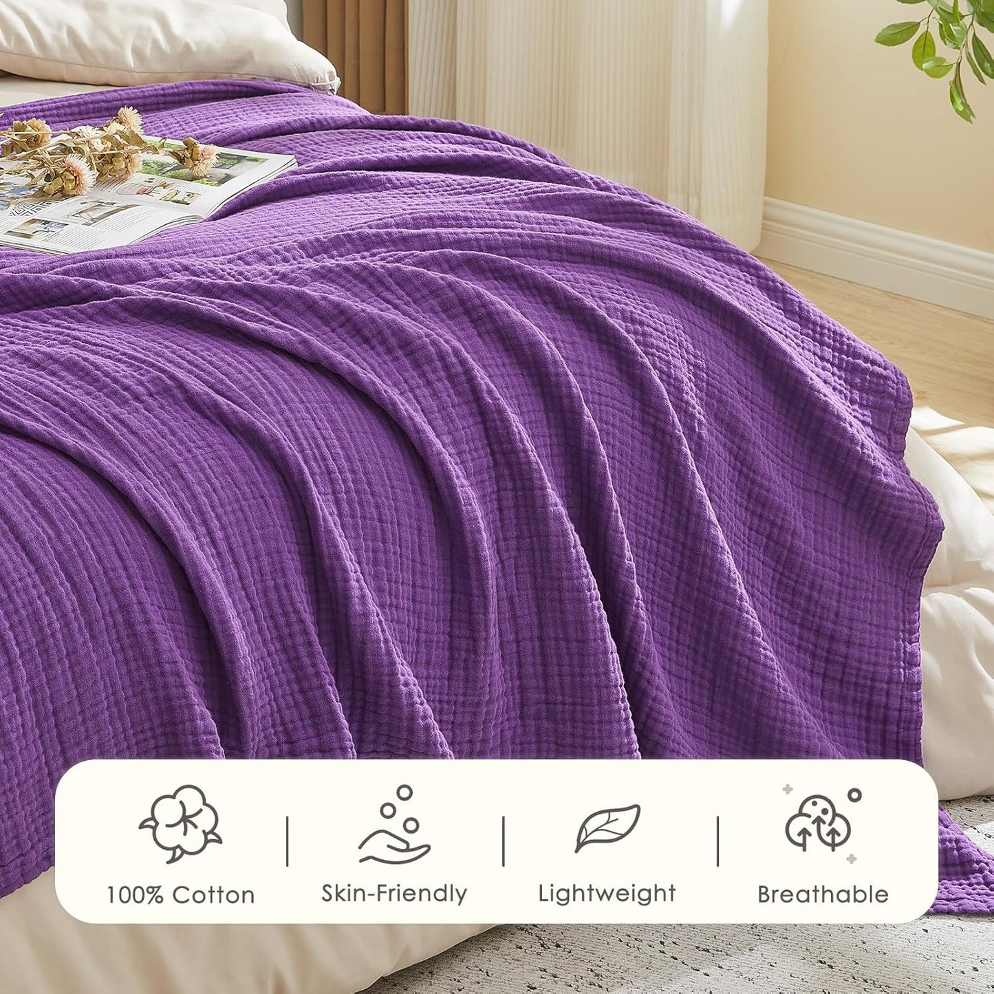 EMME Cotton Muslin Queen Blanket Bed Layering Breathable Gauze Blanket Soft Lightweight Blankets Adults (Purple, 90"x90")