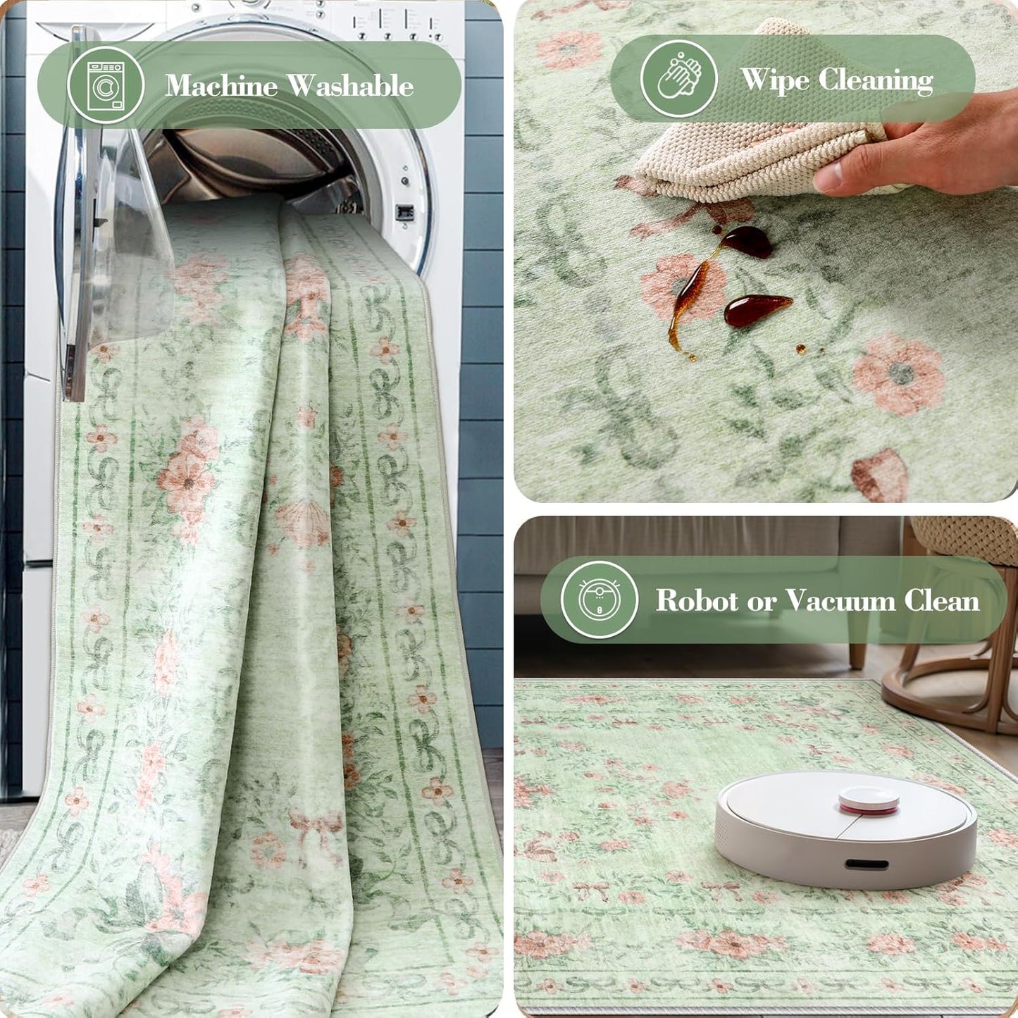 Wonnitar Floral Bow Print Washable Rugs 5x7, Sage Green Rug for Living Room, Ultra-Thin Non Slip Soft Boho Carpet for Dining Room Bedroom Kid Room Playroom, Light Green