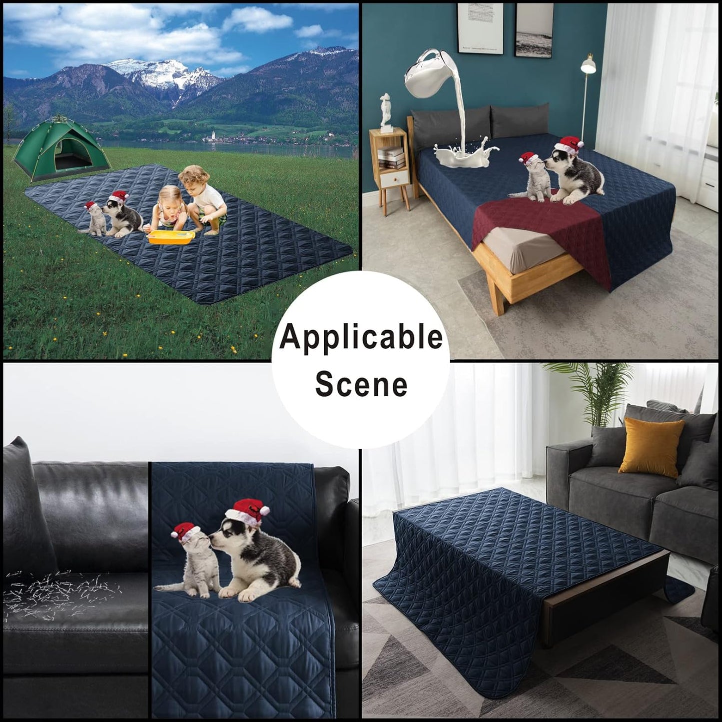 100% Waterproof Dog Bed Cover 68x82 inch Reversible Changing Pad Reusable Camping Mat for Kids/Pet/Dog/Cat Washable Geometric Embroidery Blanket Patchwork Navy+Burgundy