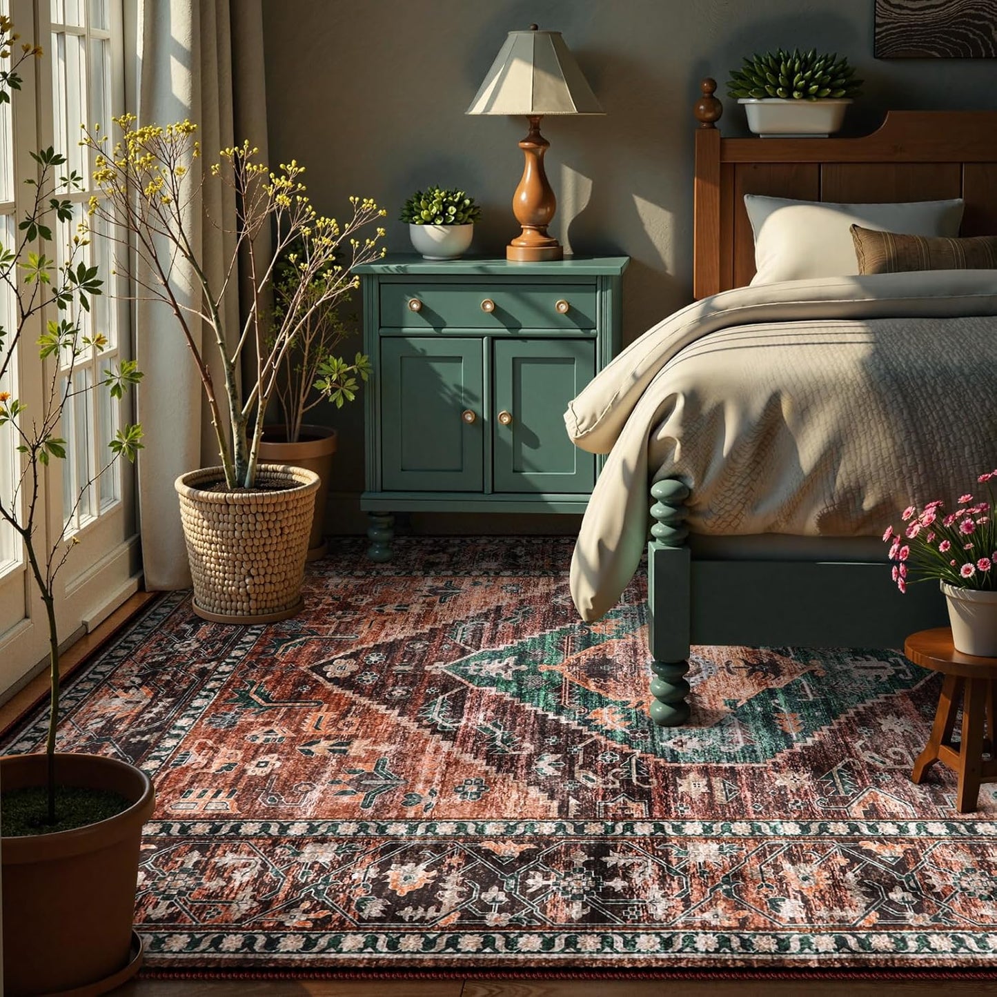 Lahome 8x10 Ultra-Thin Living Room Rug (Non-Slip Washable Non-Shedding)(Oriental Vintage Distressed Carpet for Dining,Bedroom,Office)