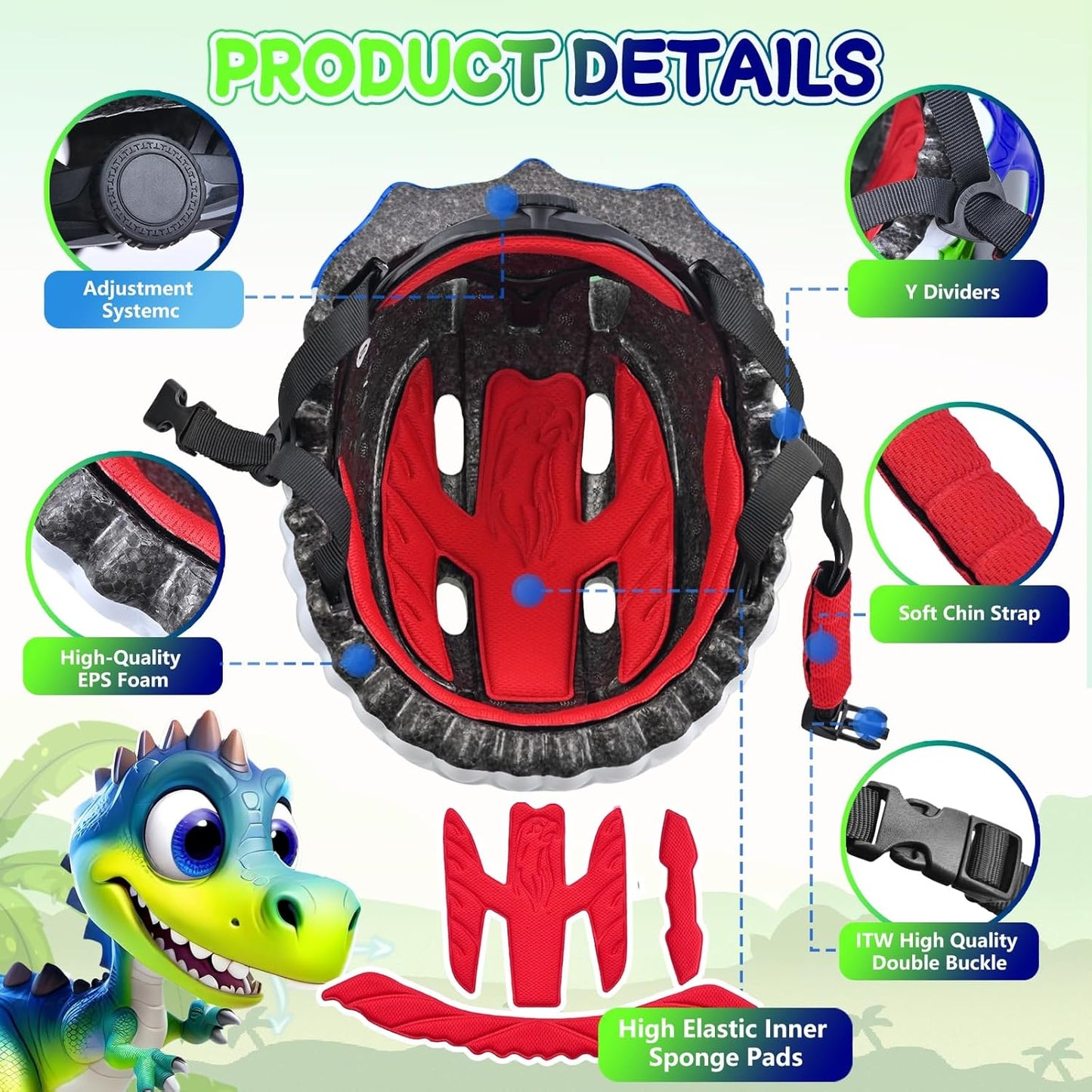 Toddler/Kids Bike Helmet Set for Boys Girls 3D Adjustable Kids Helmet Protective Gear Set Knee Elbow Wrist Pads and Multi-Sports Skateboard Scooter Cycling Roller Balance Bike