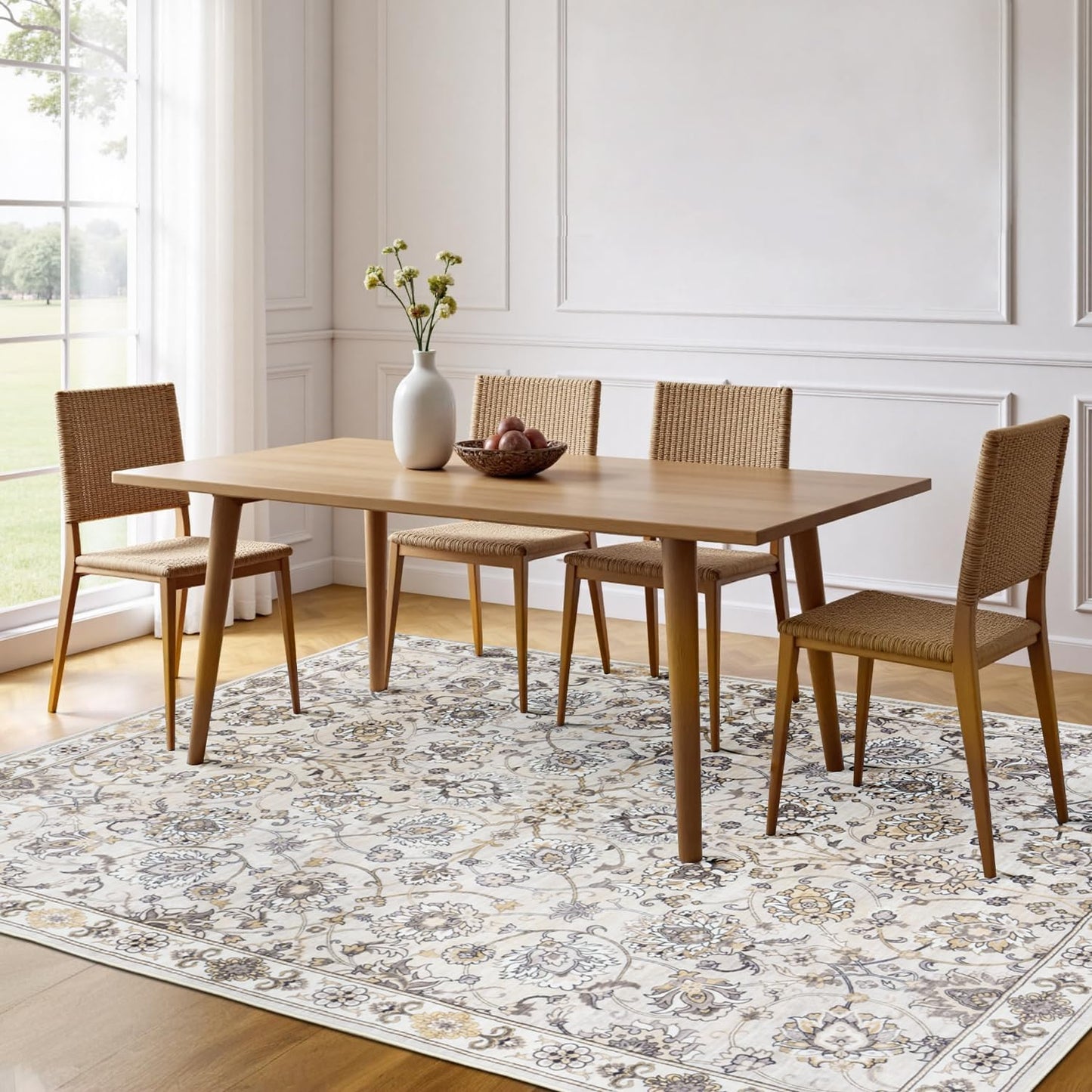 Washable Area Rug 5x7 for Living Room & Bedroom, Large Neutral Floral Rugs, Soft & Non Slip, Low Pile Wool Carpets for Indoor Under Table Dining Home Office Nursery Playroom, Beige