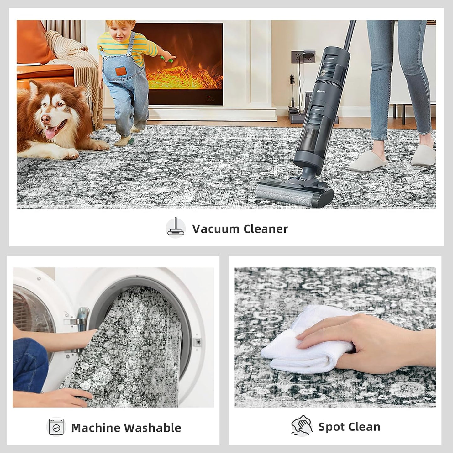 Grey Rug Runner 3x7 Ft Washable Hallway Runner Rug Runner Non-Slip Boho Vintage Runner Rugs with Rubber Backing Soft Distressed Carpet for Kitchen Bedroom