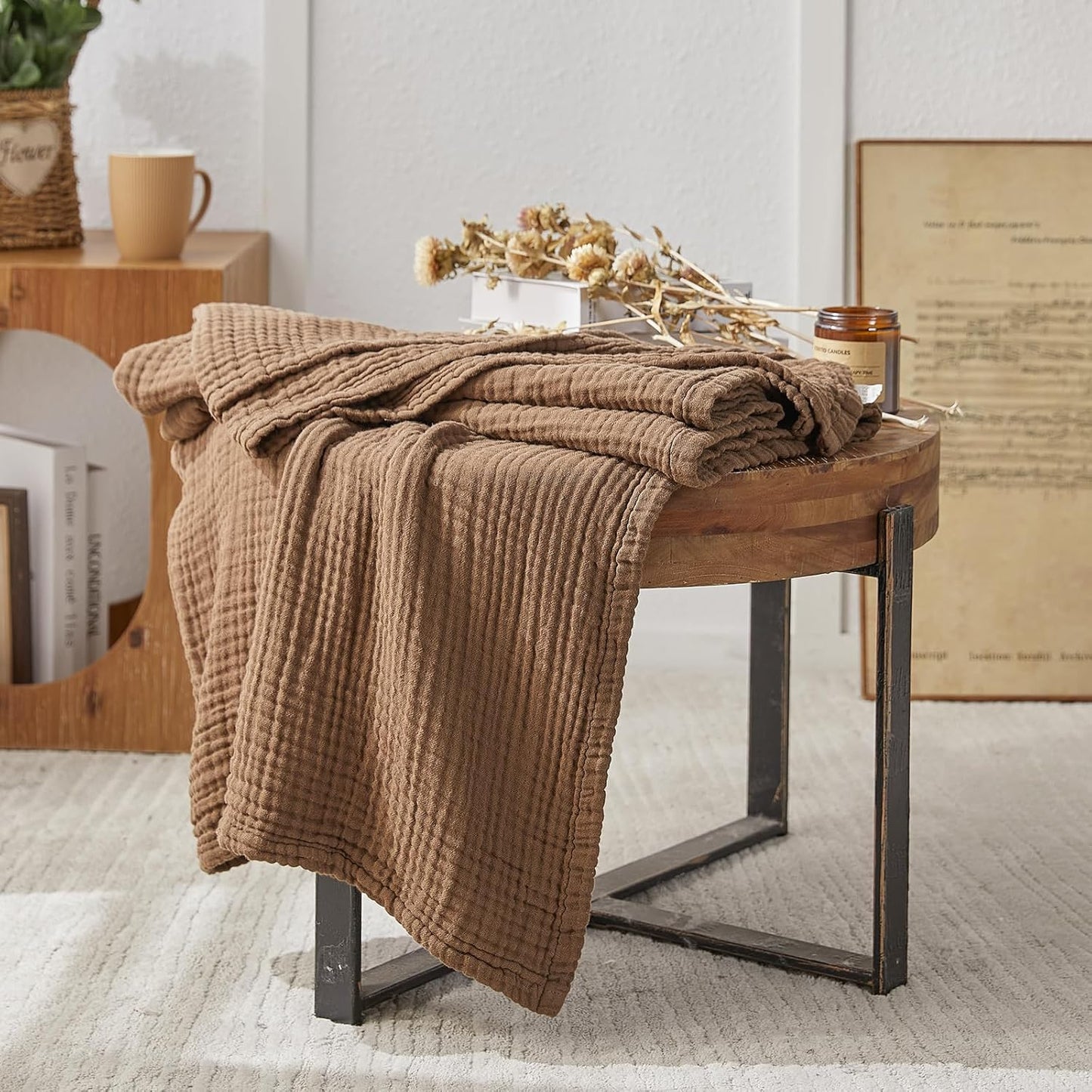 EMME Cotton Muslin Queen Blanket Bed Layering Breathable Gauze Blanket Soft Lightweight Blankets Adults (Brown, 90"x90")