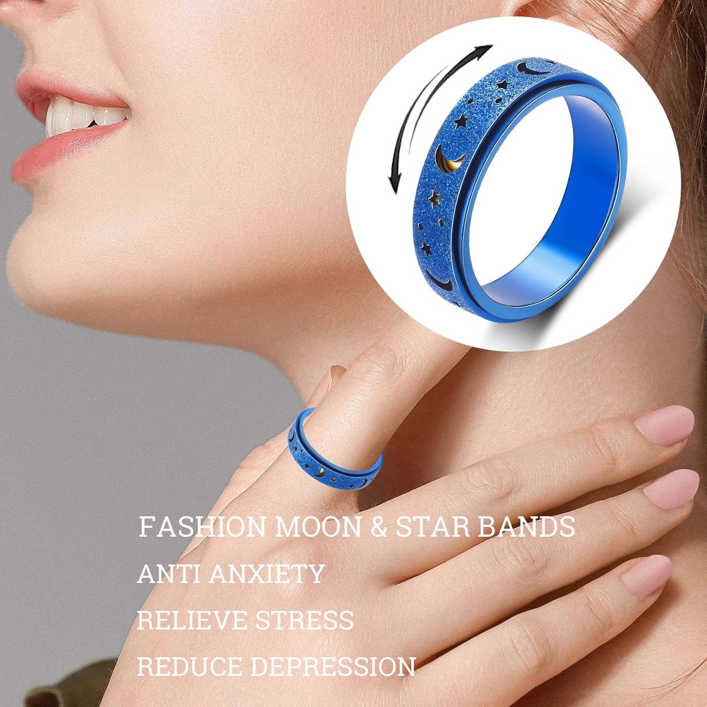 OreilleStar Anxiety Ring for Women Spinner Ring Fidget Ring Fidget Toys Adults Spinner Rings Fidget Rings for Anxiety for Women Anxiety Fidget Ring Men (Moon Star-Blue, 9)