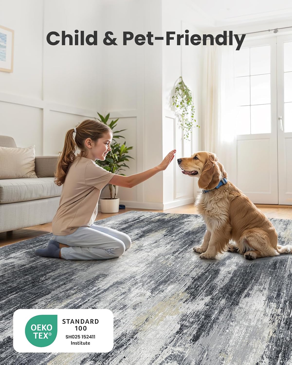 AMADA HOMEFURNISHING 6x9 Washable Area Rug, Modern Abstract Living Room Rug with Non-Slip Backing & Short Pile, Large Rug with Abstract Pattern for Living Room, Bedroom and Dinning Room, Light Grey