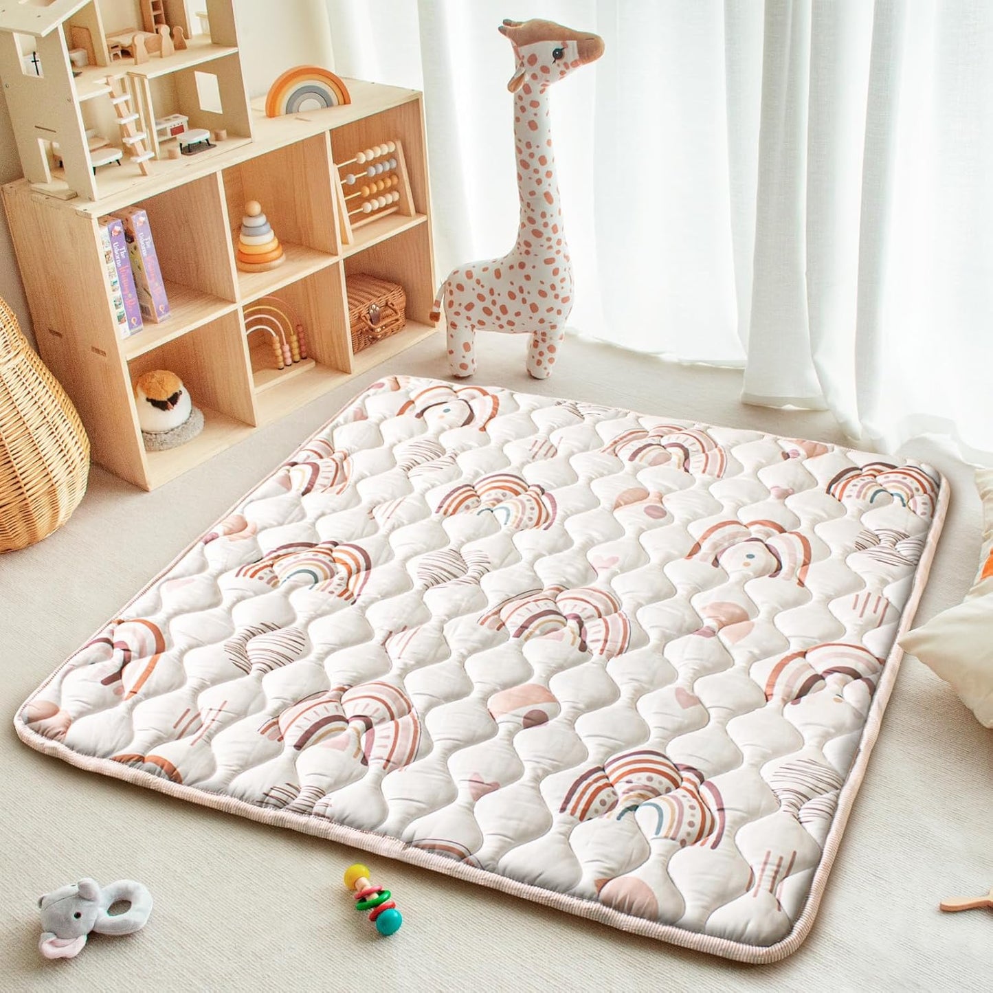 Baby Play Mat, 50x50 Playpen Mat with Super Soft Touch, Activity Mat with Upgraded Anti-Slip Bottom, Machine Washable Crawling Mat for Floor & Picnic(Boho Rainbow)