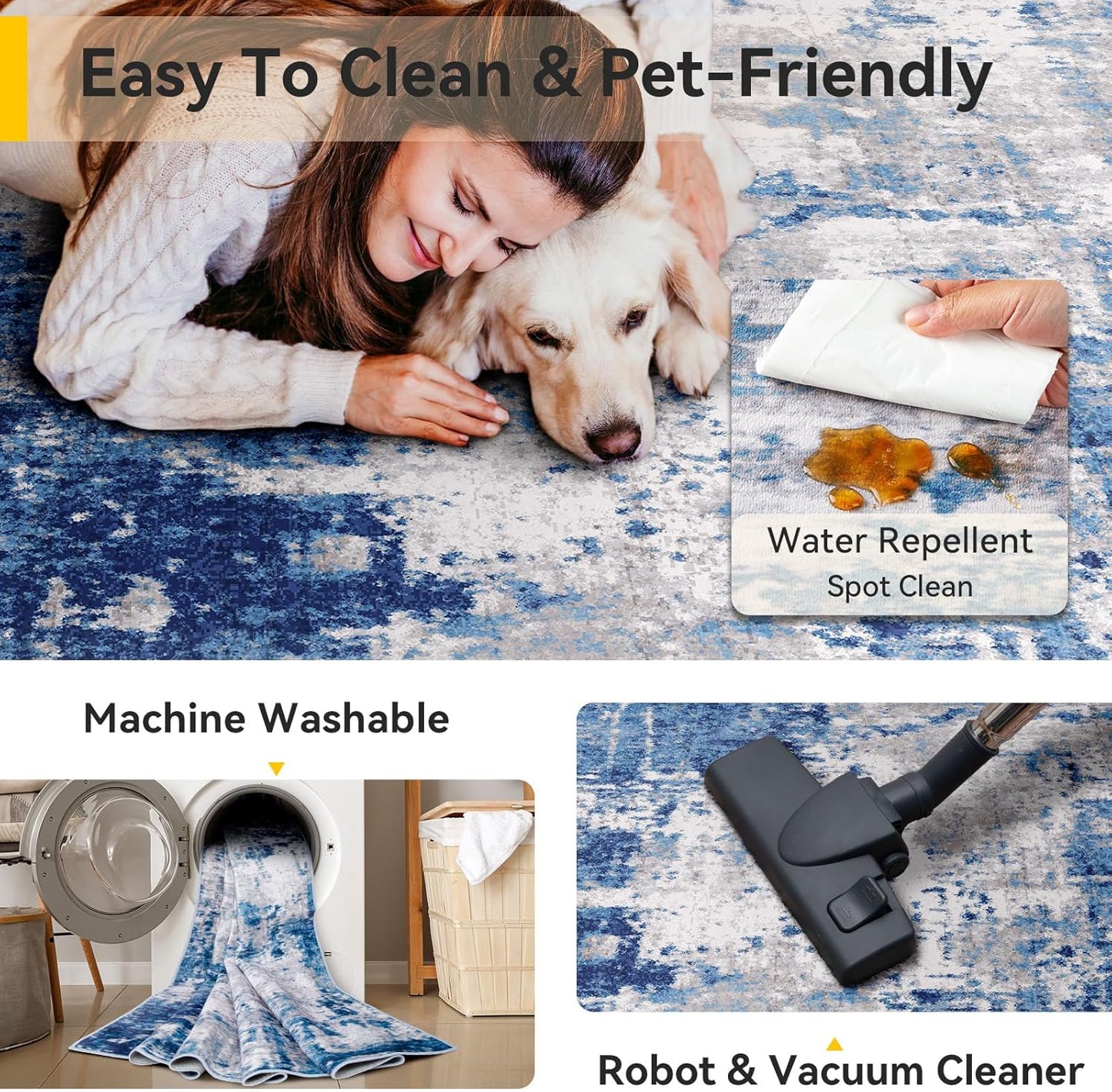 Washable Area Rugs 2'x6' Non-Slip Modern Abstract Soft for Living Room Entryway Bedroom Nursery, Print Pattern, Blue Grey Navy Gray