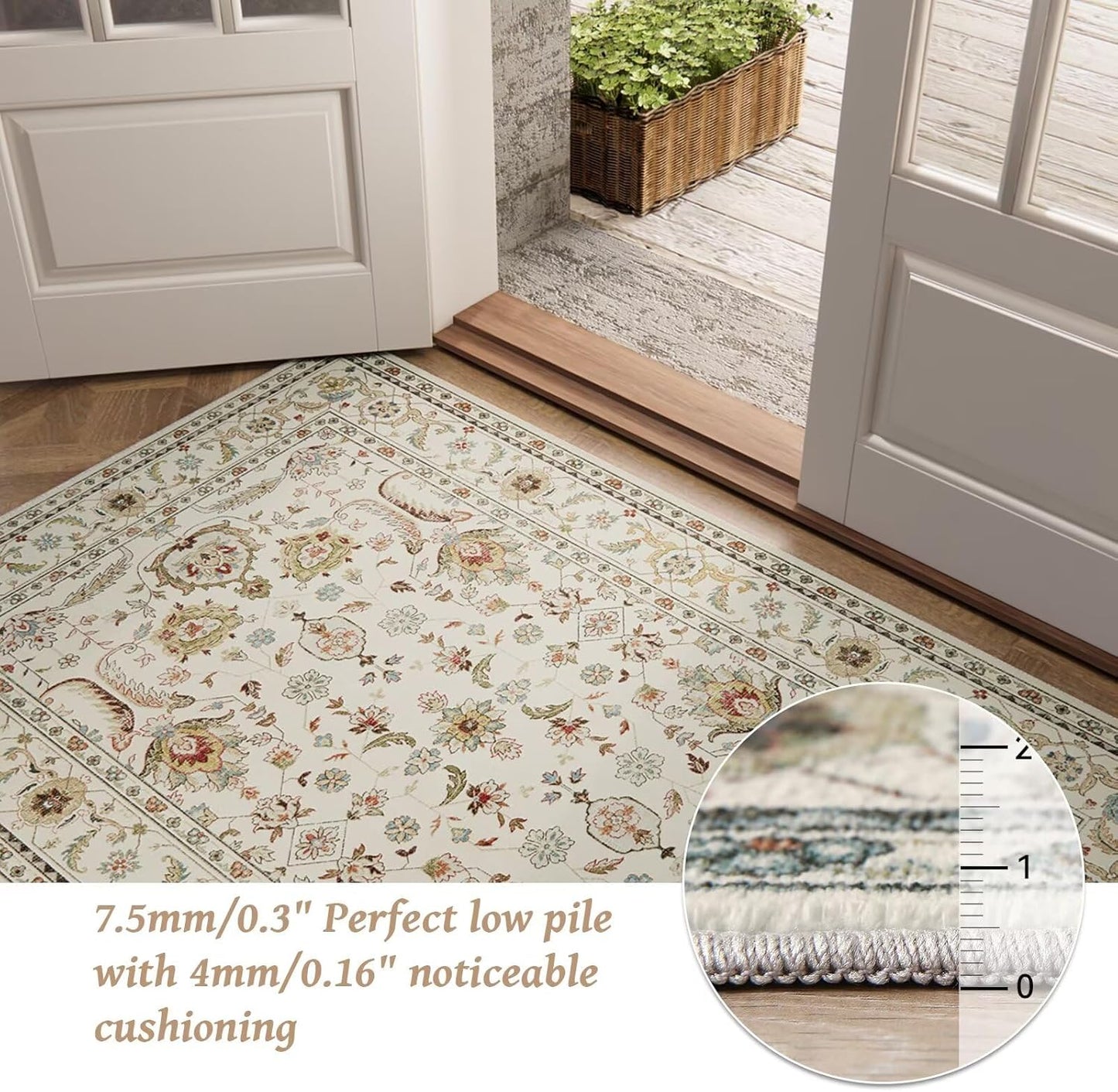 Washable 4x6 Rugs for Living Room, Boho Non-Slip Silicone Backing Small Rugs for Bedroom Nursery Office, 0.3" Neutral Oriental Throw Carpet with 0.16" Cushioning Pad, Light Beige/Multi