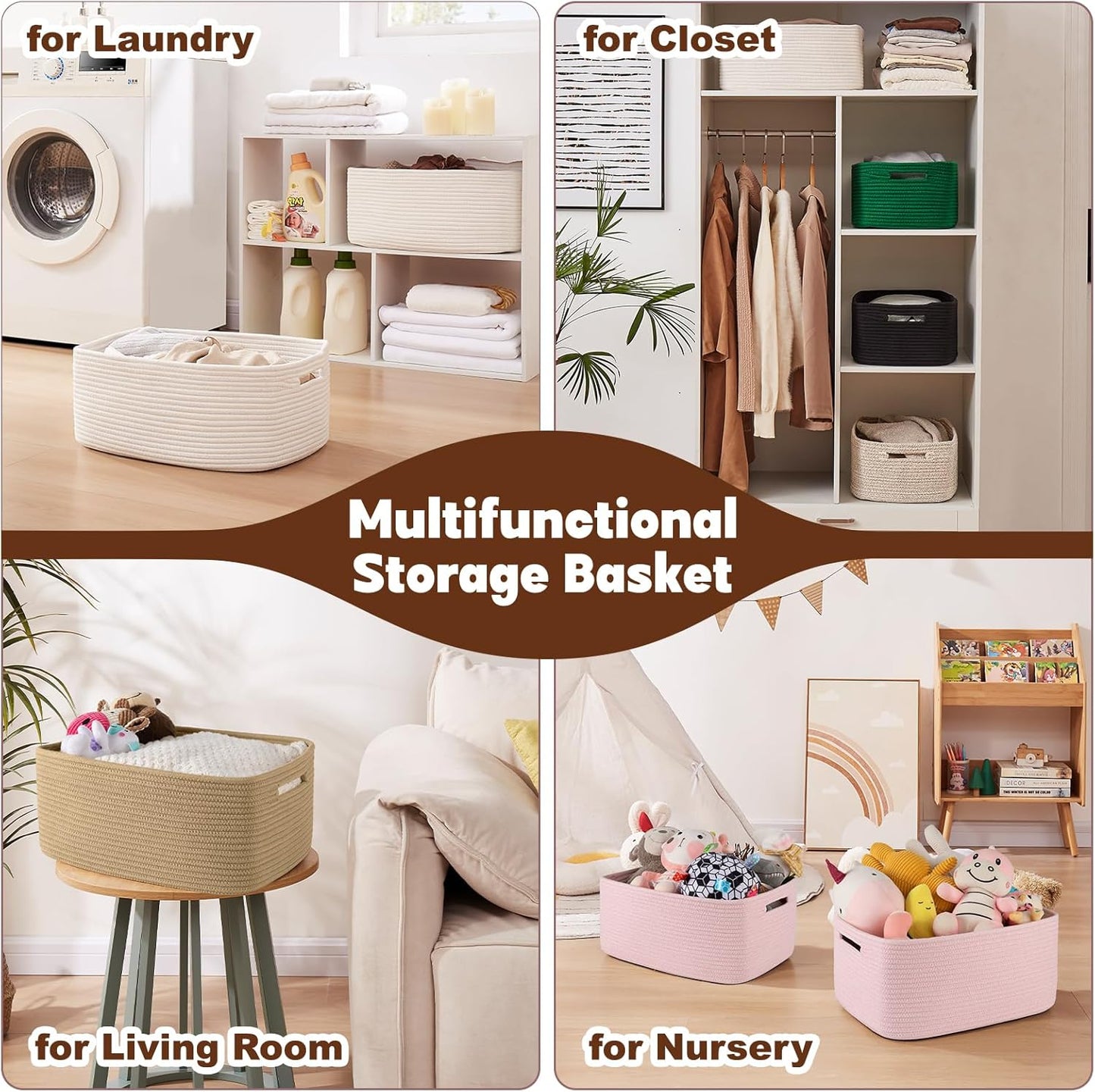 OIAHOMY Storage Basket for Shelves, Closet Cube Storage Bins Baskets for Clothes Blanket Towels, Baby Nursery, Toy Baskets Box, Woven Rope Basket, 17.72*12.99*7.87 IN, 2 Packs Olive Green