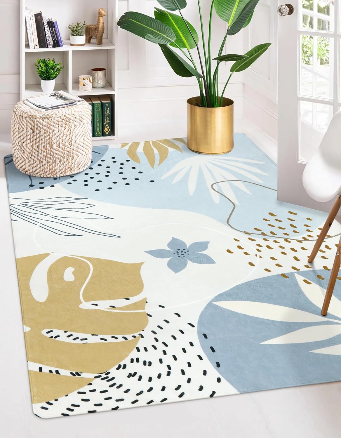 Lahome Boho Blue Area Rug for Living Room - 5x7 Rug Machine Washable Non-Slip Soft Bedroom Rugs Ultra-Thin Large Rug for Dining Room, Botanical Print Indoor Modern Rug for Classroom Nursery Office