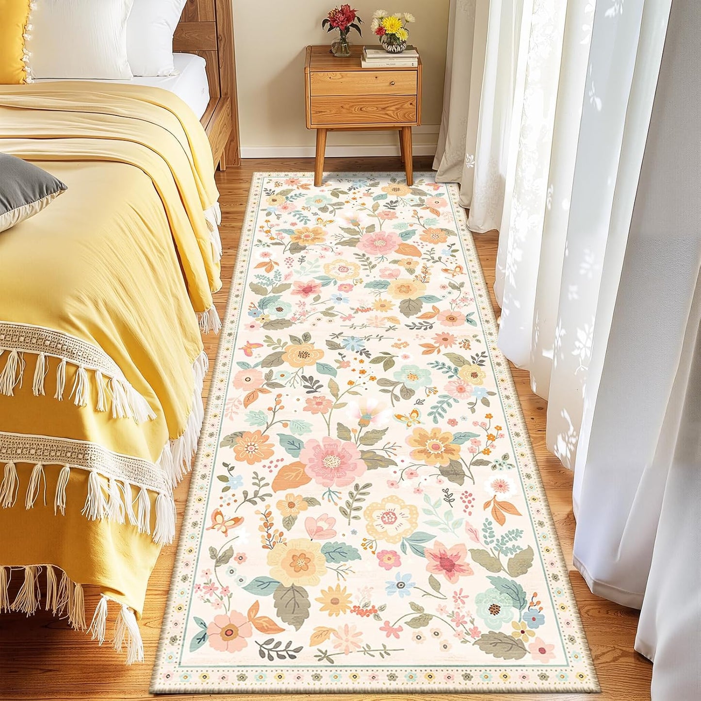 Floral 2x8 Area Rug Machine Washable Soft Print Boho Carpet Non Slip Doormat Low Pile Flower Area Rugs for Living Room Bedroom Nursery Kitchen Dining Room Indoor-Beige/White/Orange