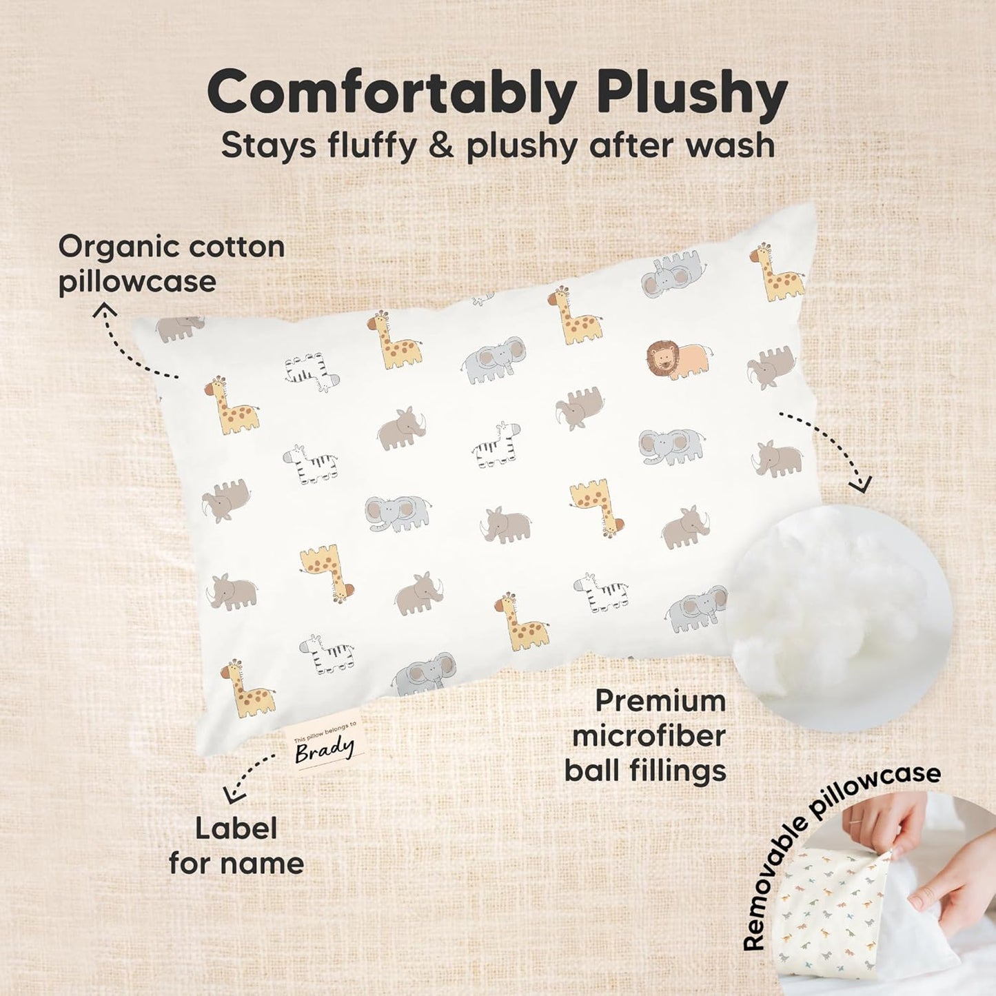 Mini Toddler Pillow with Pillowcase - 9x13 My Little Dreamy Travel Kids Pillow for Sleeping, Toddler Bed, Small, Tiny, Organic Cotton Pillowcase, Soft & Breathable, Kids 2-4 Years Old(Safari Echo)