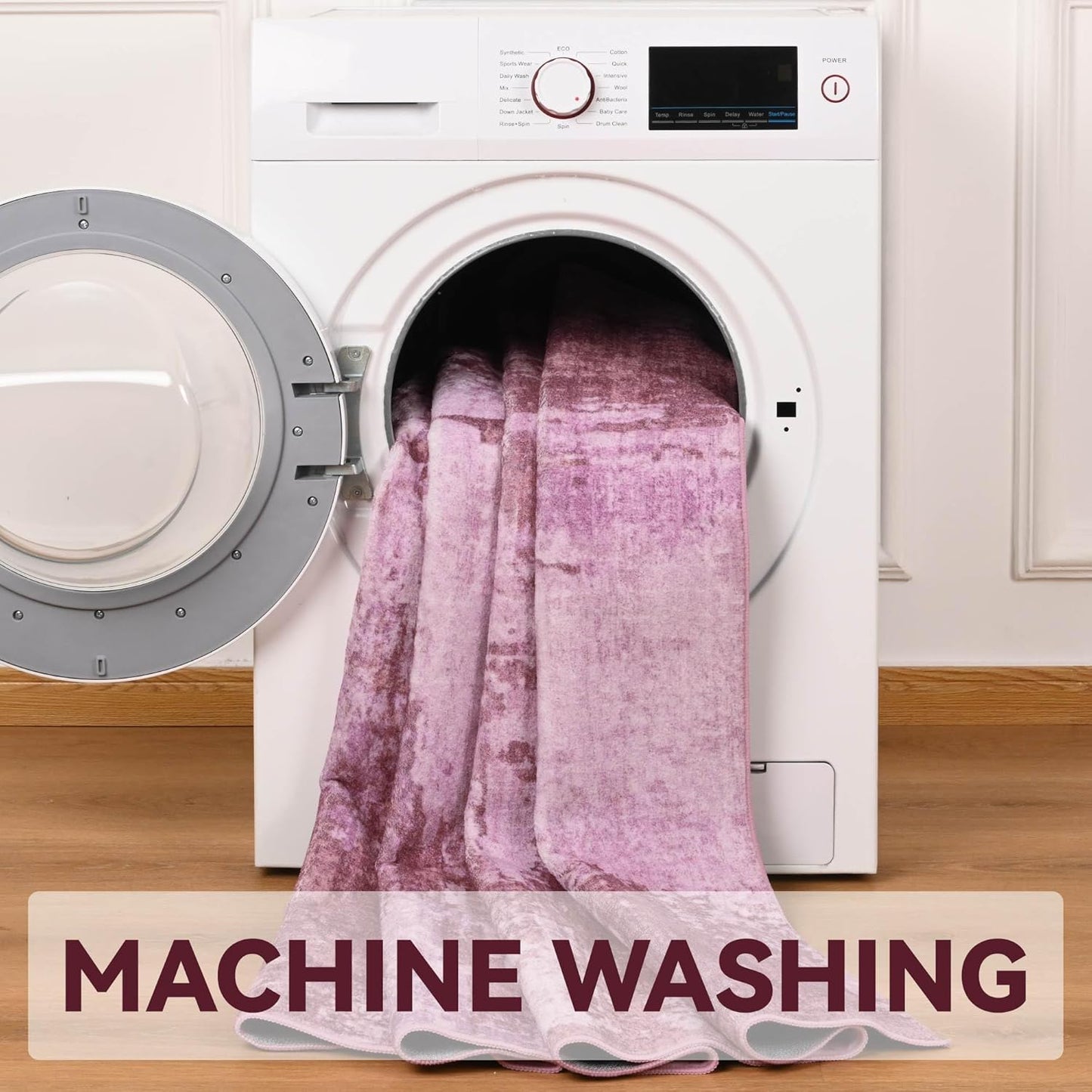 Nursery Rug for Baby Girl, 5x7 Hot Pink Washable Rugs for Living Room Bedroom Non Slip, Stain Resistant Neutral Carpet Low Pile for Classroom, Dining Room, Kids Playroom, Office