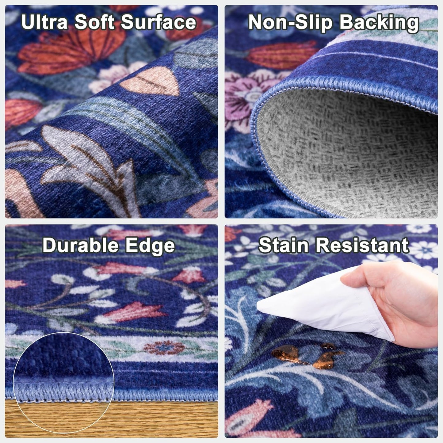 Area Rugs 9x12 Living Room: Floral Washable Rug Vintage Large Soft Boho Non-Slip Carpet Indoor Floor Stain Resistant Low Pile Carpets for Bedroom Dining Room Farmhouse Nursery Home Office Blue