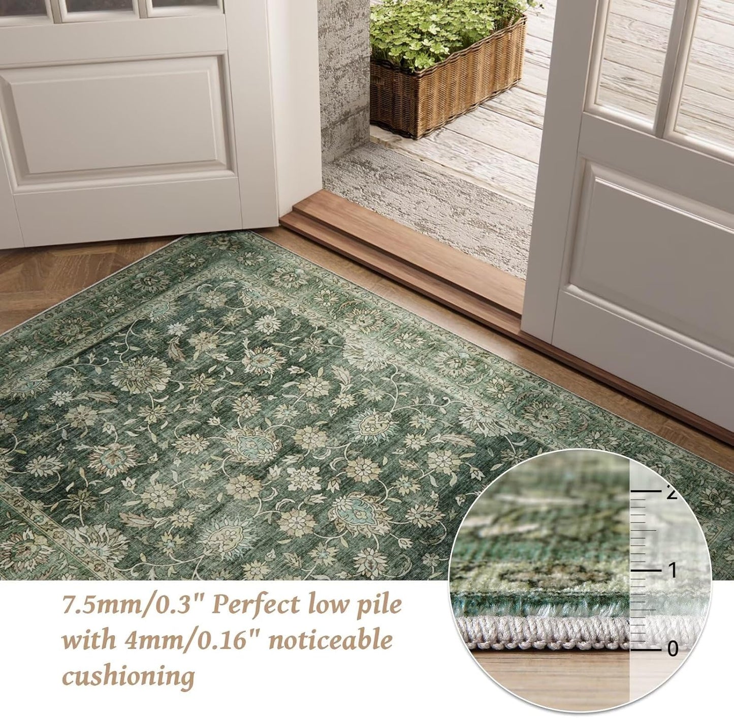 Washable 10x14 Area Rugs for Living Room, Boho Non-Slip Silicone Backing Rugs for Bedroom Dining Room Office, 0.3" Neutral Oriental Throw Carpet with 0.16" Cushioning Pad, Sage Green/Multi