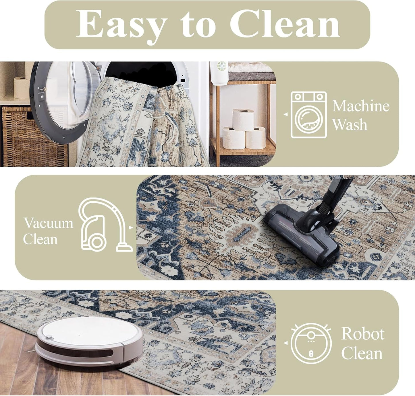 Washable Rugs 5x7 Area Rugs for Living Room, Thin Carpet for Bedroom, Soft Faux Wool Retro Dining Room Rug,Non Slip&Non-Shedding Resistant Low Pile Vintage Print Rug for Home Office (Taupe/Blue)