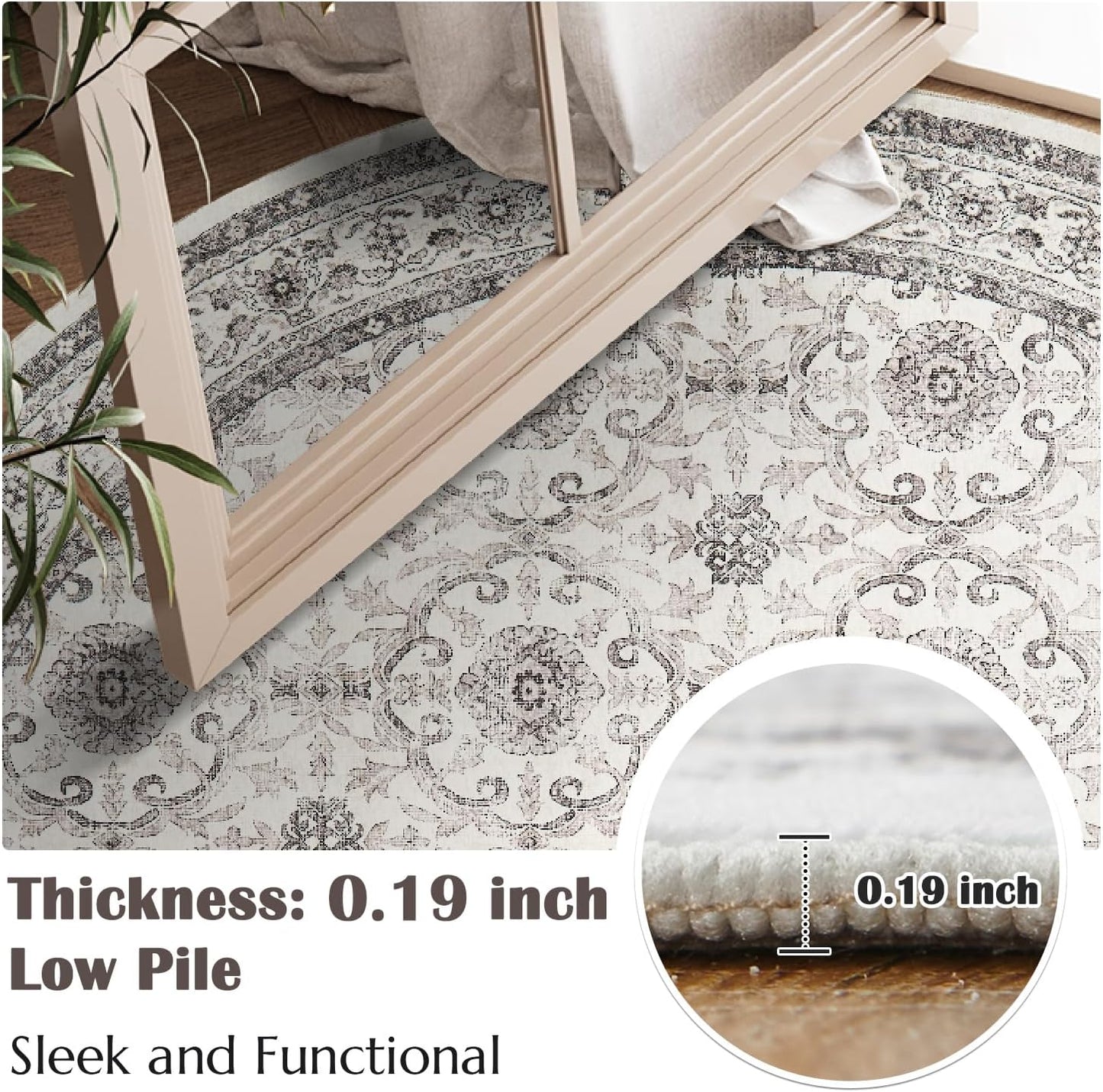 jinchan Round Rug 5ft Washable Circle Soft Rug - Low Pile Vintage 5'Round Indoor Beige Floral Print Stain Resistant Boho Carpet Ultra-Thin Non-Slip for Entryway Nursery Bedroom Dining Room Kitchen