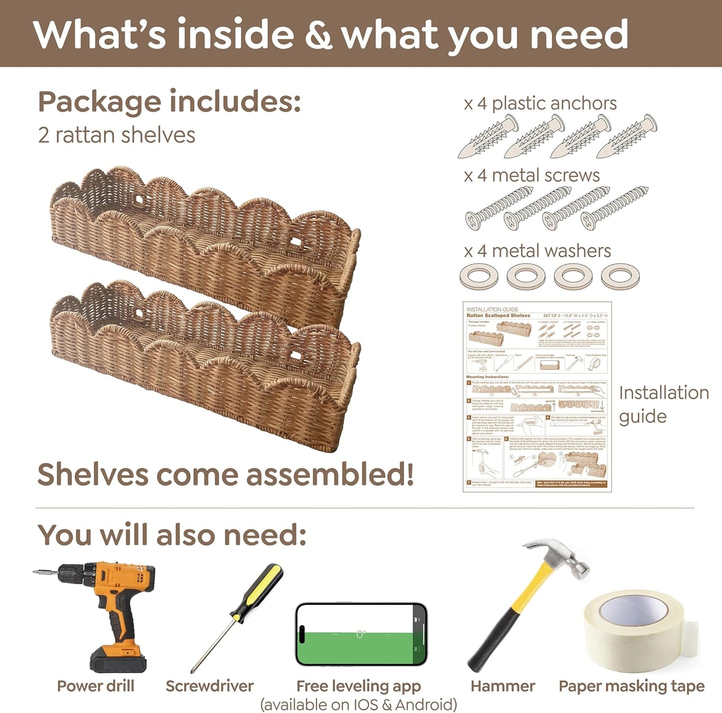 Nursery Book Shelves Set of 2 - Artisanal Natural Rattan Scalloped Book Shelf for Kids Rooms 15.8" W, Cute Wicker Nursery Bookshelf Wall Mounted, Handwoven Floating Kids Bookshelf, Baby Boho Decor