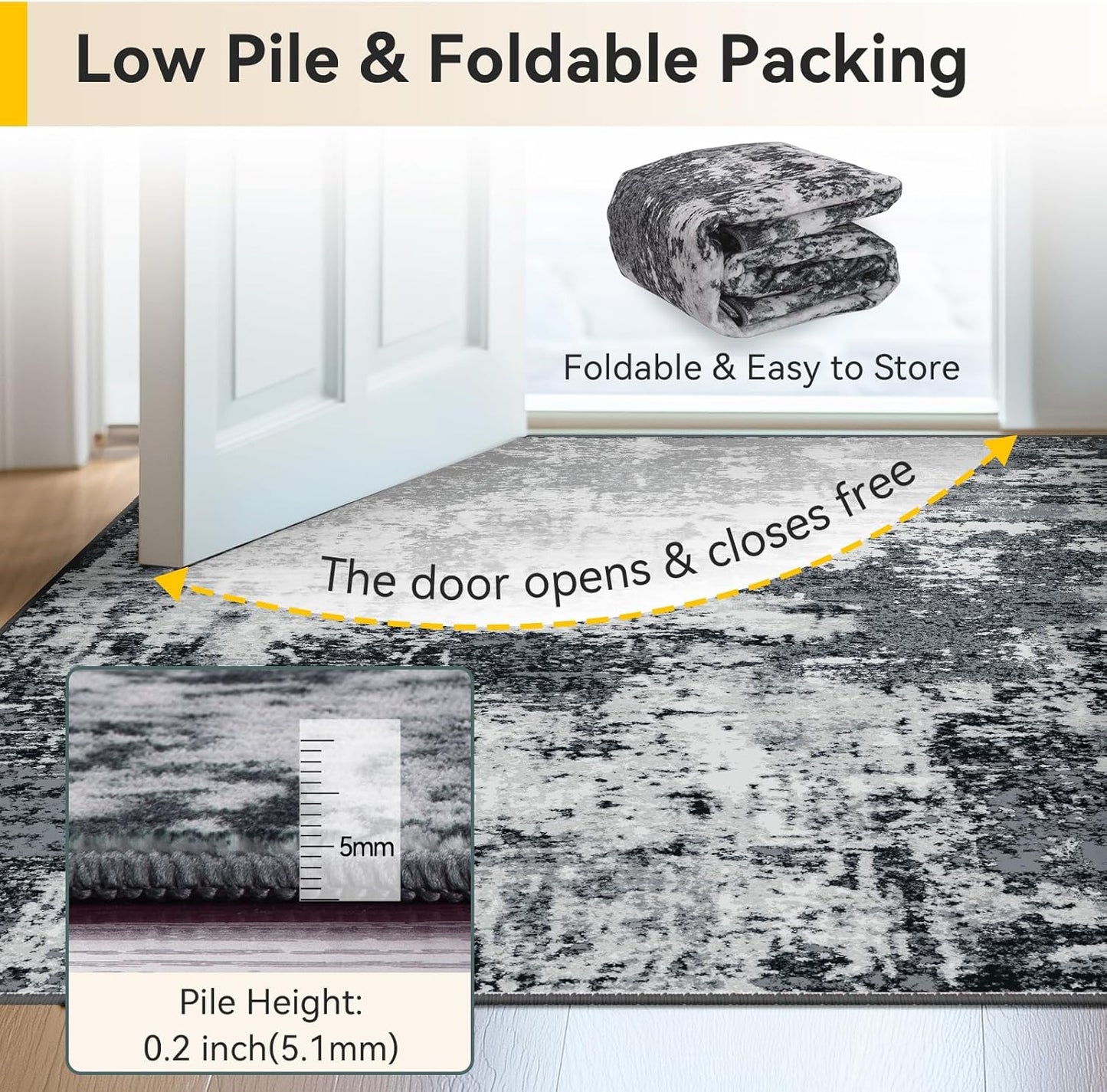 Washable Area Rugs 5'x7' Non-Slip Modern Abstract Soft for Living Room Entryway Bedroom Nursery, Print Pattern, Black Gray