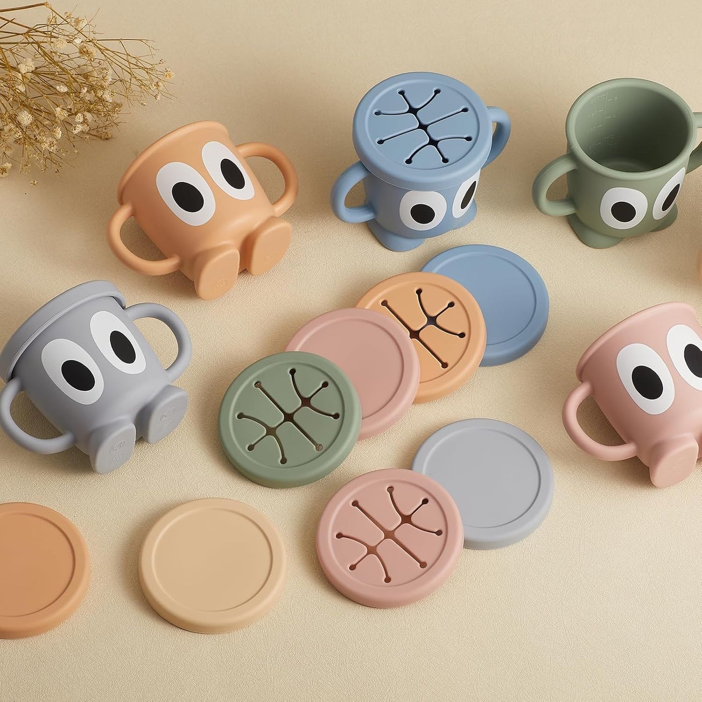 Silicone Snack Cups Food Container for Toddlers and Babies, Spill Proof Training Cup with Snack Cup Lid & Dust Proof Lid, Comes with a toy strap, Without BPA, Lead, or Phthalates (Beige & Pink)