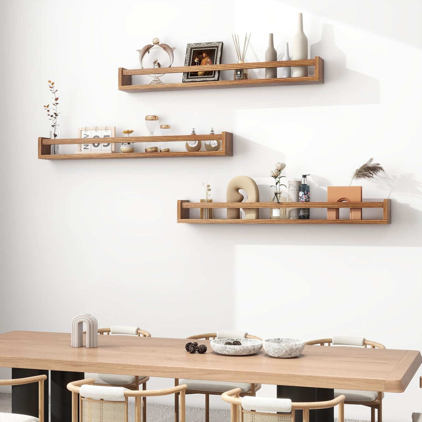 Fun Memories Nursery Book Shelves - Rustic Natural Solid Wood Floating Bookshelf for Kids - Wall Book Shelves for Kids Room (Carbonized, 32inch - 4P)