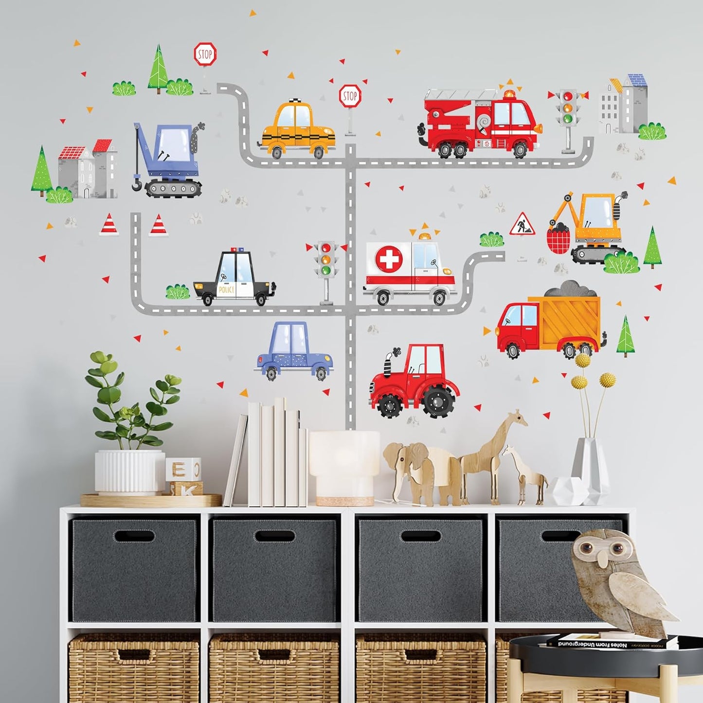 Car Wall Decals by Lipastick - Peel and Stick Transport Road Trucks Stickers for Boys Room, Toddler Bedroom, Baby Nursery, Kids Playroom, Living Room- Removable Decor - M Size
