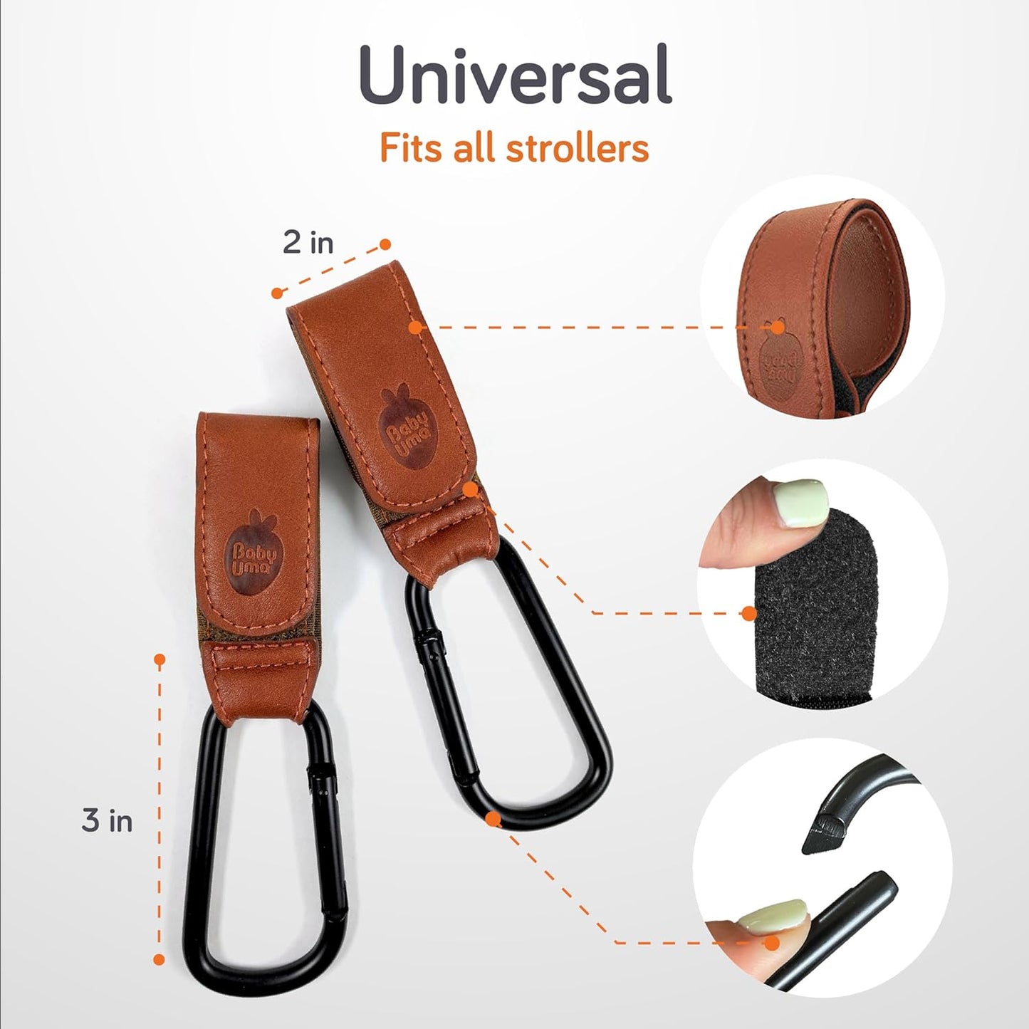 Baby Uma Baby Stroller Hooks - 2-Pack of Leather-Style Stroller Accessories, Non-Slip Stroller Clips, Carry 11 lbs per Stroller Bag Hook, Universal Hooks, 2 x Stroller Carabiner Clip (Camel)