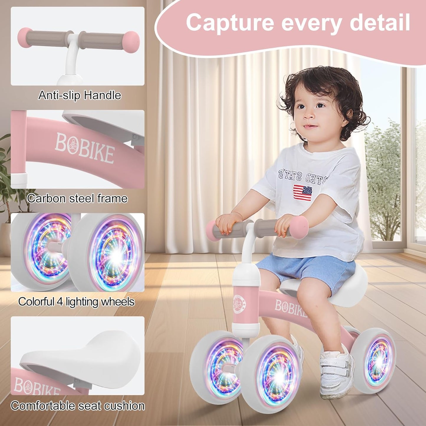 Baby Balance Bike Toys for 12-36 Months Kids Toy Boy and Girls Gifts Toddler Best First Birthday Gift Children Walker No Pedal Infant 4 Wheels Bicycle (Colorful, Pink-Light)