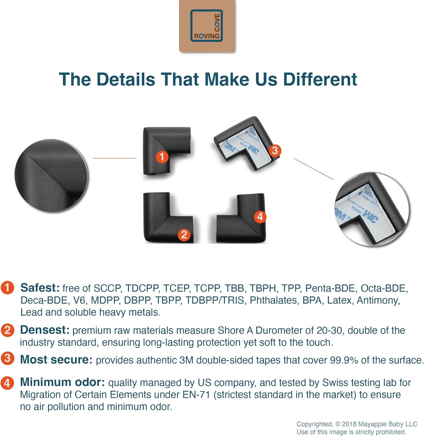 Roving Cove HeftyFit Corner Protector for Baby (8 Large Corners), Heavy-Duty Soft Rubber Foam Furniture Corner Bumper Guards, 3M Adhesive Pre-Taped, Onyx Black