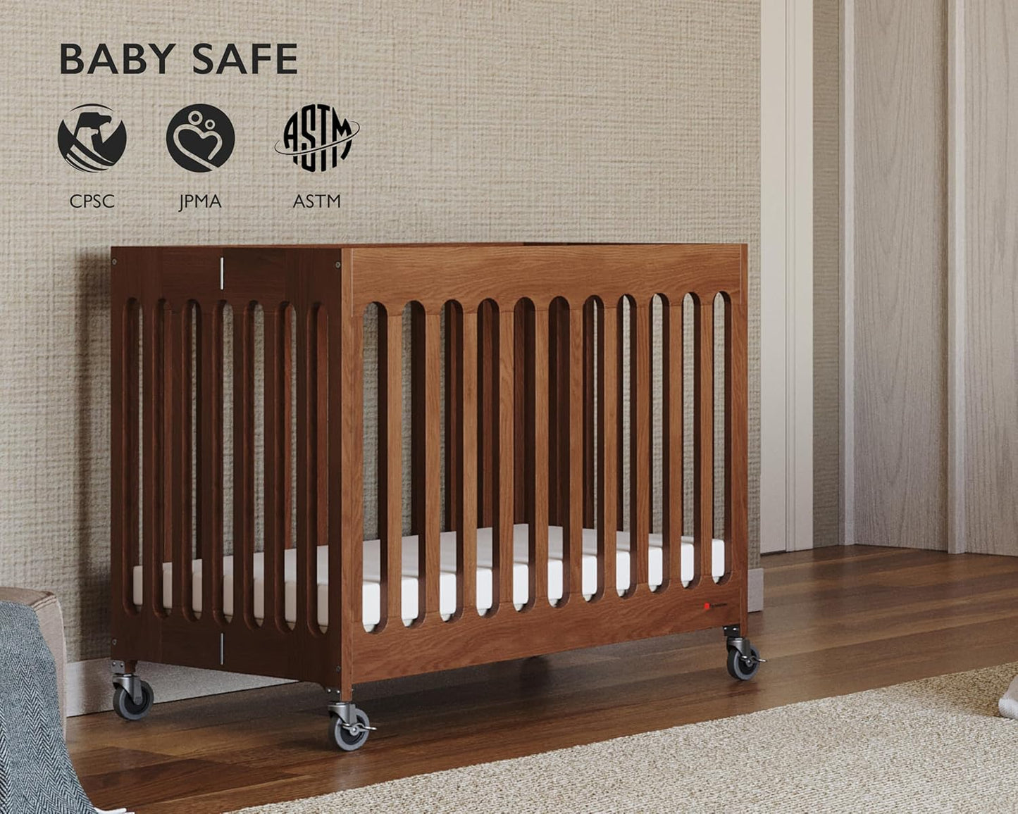 Foundations Boutique Folding Mini Baby Crib - Compact, Portable, Wooden Hotel Crib, Foldable Compact Cribs for Baby & Toddlers - Includes 3" Foam Mattress - Cherry
