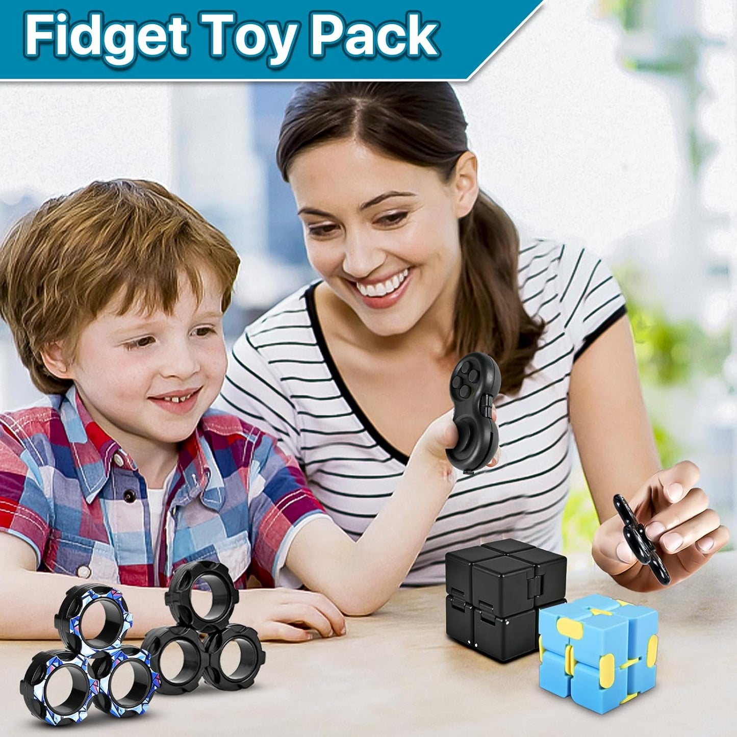 3PC Fidget Toys Adults Set, Cool Mini Gadget Sensory Pack with Infinity Fidgets Cube Figette Pad Magnetic Rings ADHD Anxiety Relief Stress Toys for Teen Office Desk Toy for Boy & Girls -Blue