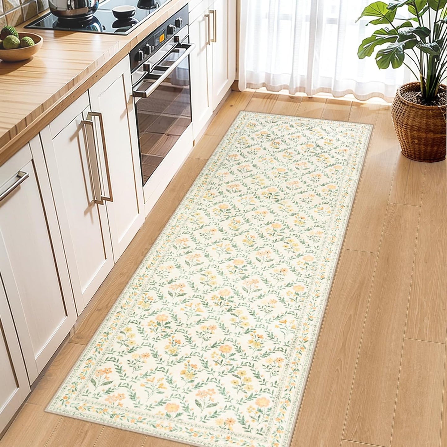 Runner Rug for Entryway: 2x10 Kitchen Rugs Non Slip Washable Ultra-Thin Soft Floral Carpet Indoor Floor Stain Resistant Carpets for Hallway Bedroom Kitchen Laundry Bathroom Dorm Beige/Multi