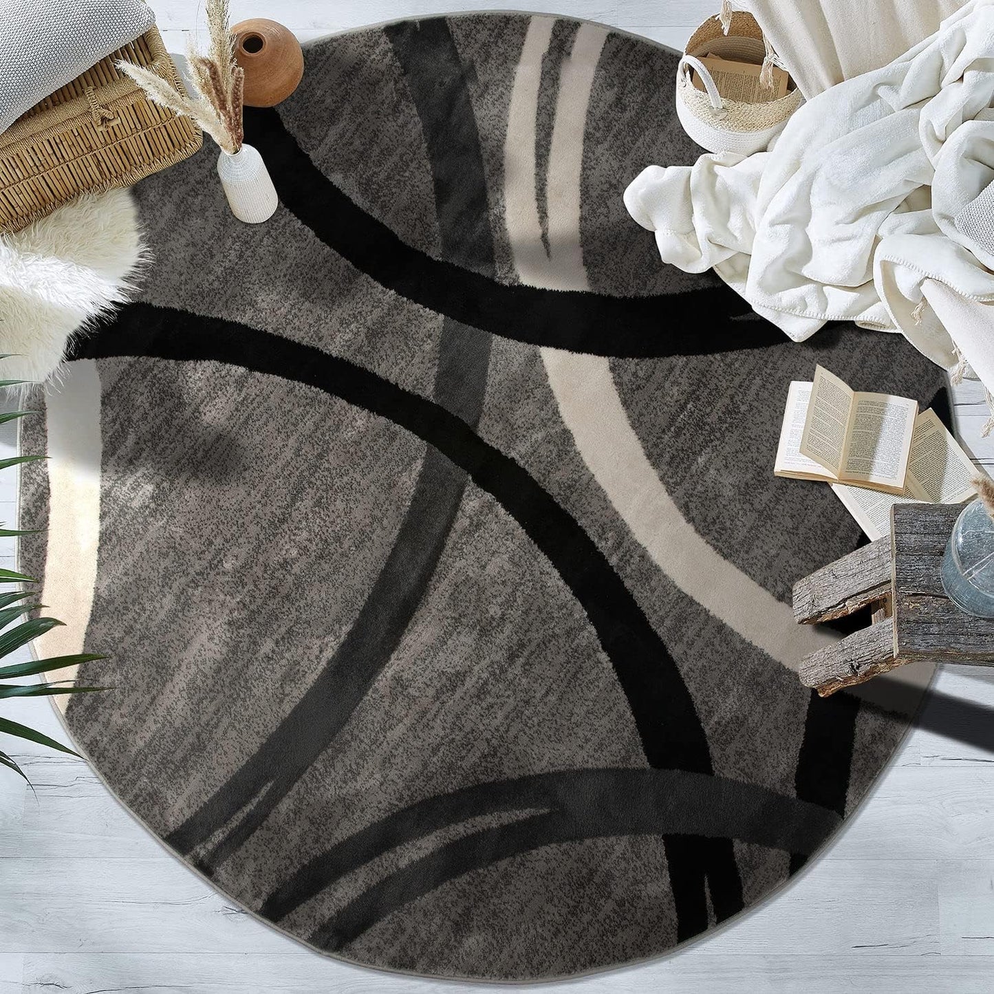 Rugshop Modern Wavy Circles Design 6' 6" (6' 6" Diameter) Gray