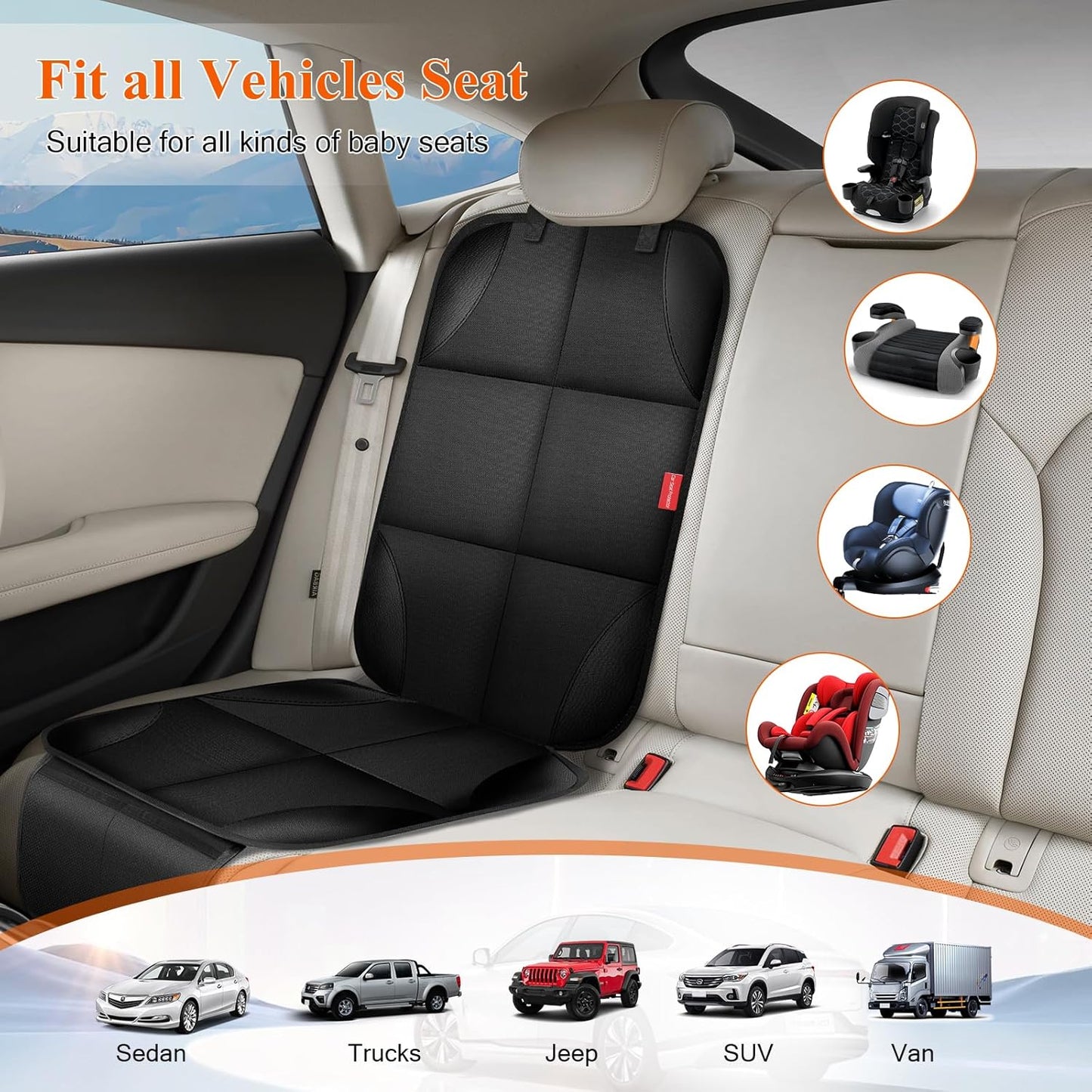 Car Seat Protector, Carseat Seat Protectors with Thick Padding and Upgraded Non-Slip Backing, Waterproof Seat Protector Under Baby Car Seat, 600D Fabric Car Seat Covers with Storage Pockets for Baby