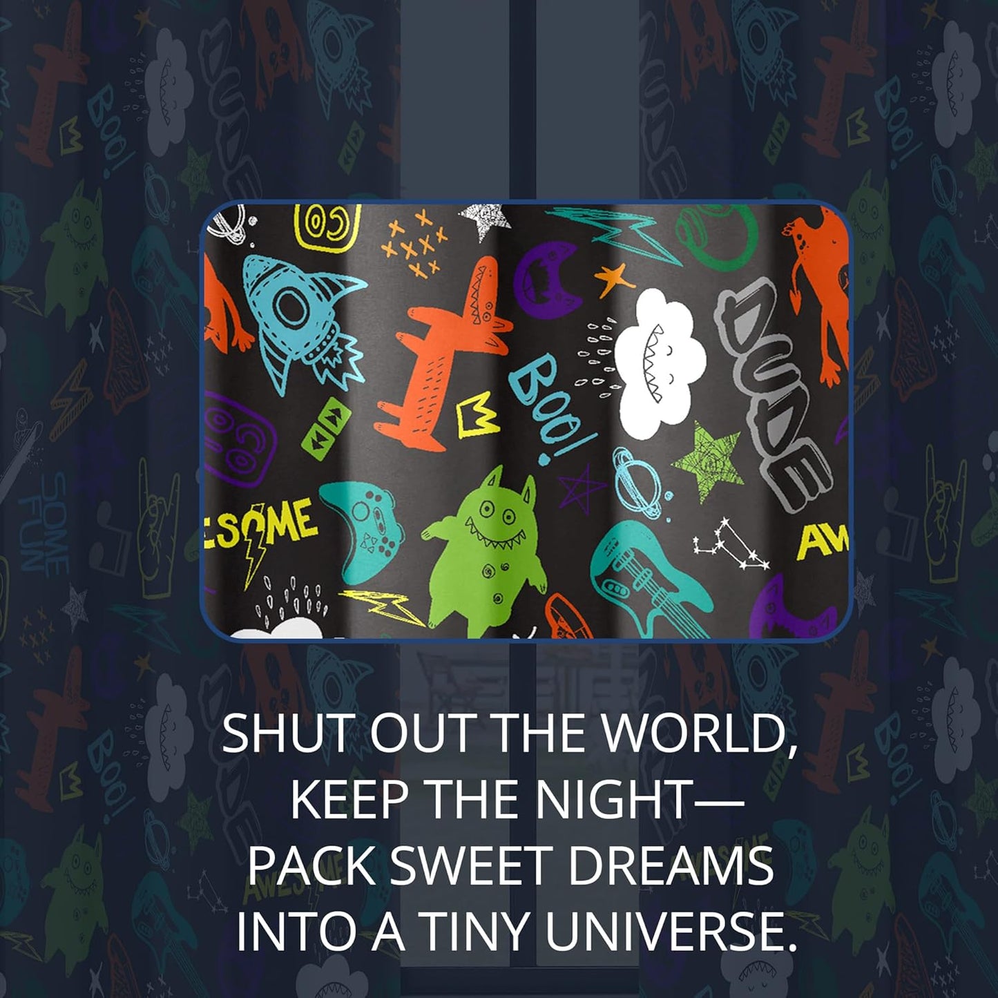 Kids Teen Graffiti Space Blackout Curtains - 100% Blackout, Thermal Insulated, Noise Reducing, Perfect for Kids Room and Nursery, 2 Panels (Graffiti Space Vibes, W52×L63)