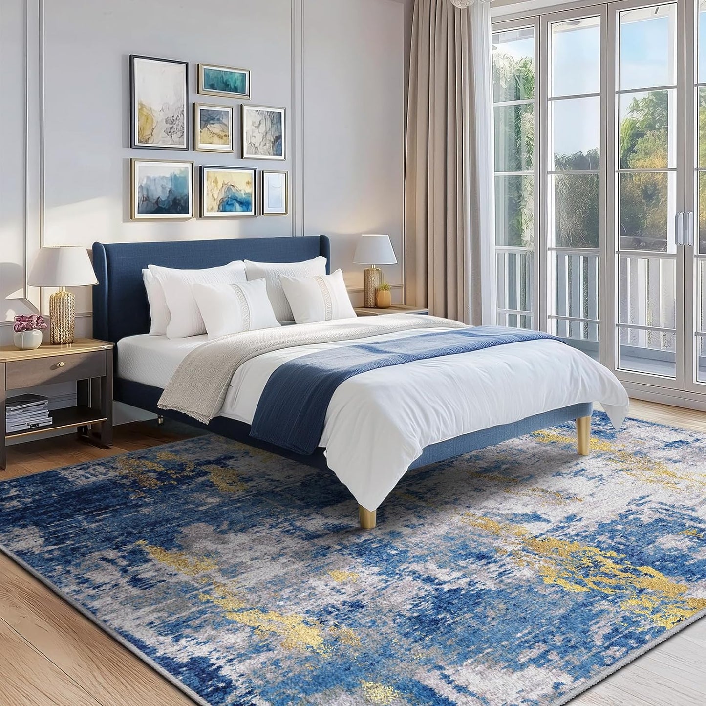 Washable Area Rugs 9'x12' Non-Slip Modern Abstract Soft for Living Room Entryway Bedroom Nursery, Print Pattern, Grey Blue Gold/Golden