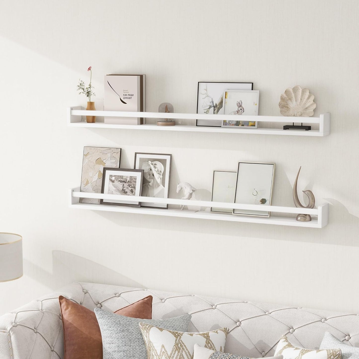 Fun Memories Nursery Book Shelves - Rustic Natural Solid Wood Floating Bookshelf for Kids - Wall Book Shelves for Kids Room (White, 48inch - 2P)