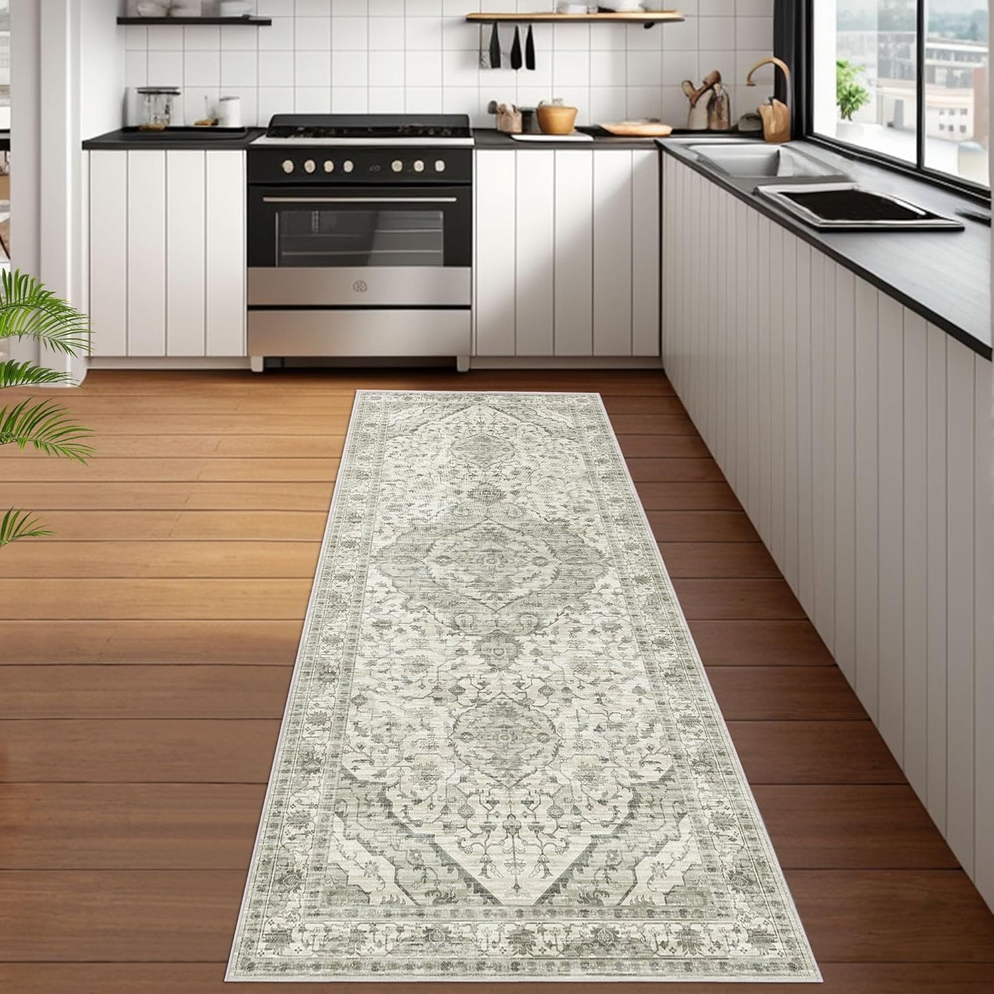 Deerly 2x7 Runner Rugs - Washable Kitchen Rugs with Non Slip Backing, Non-Shedding Cream Runners Rug for Hallways Boho Vintage Long Rug for Bedroom(Border Cream 2x7)