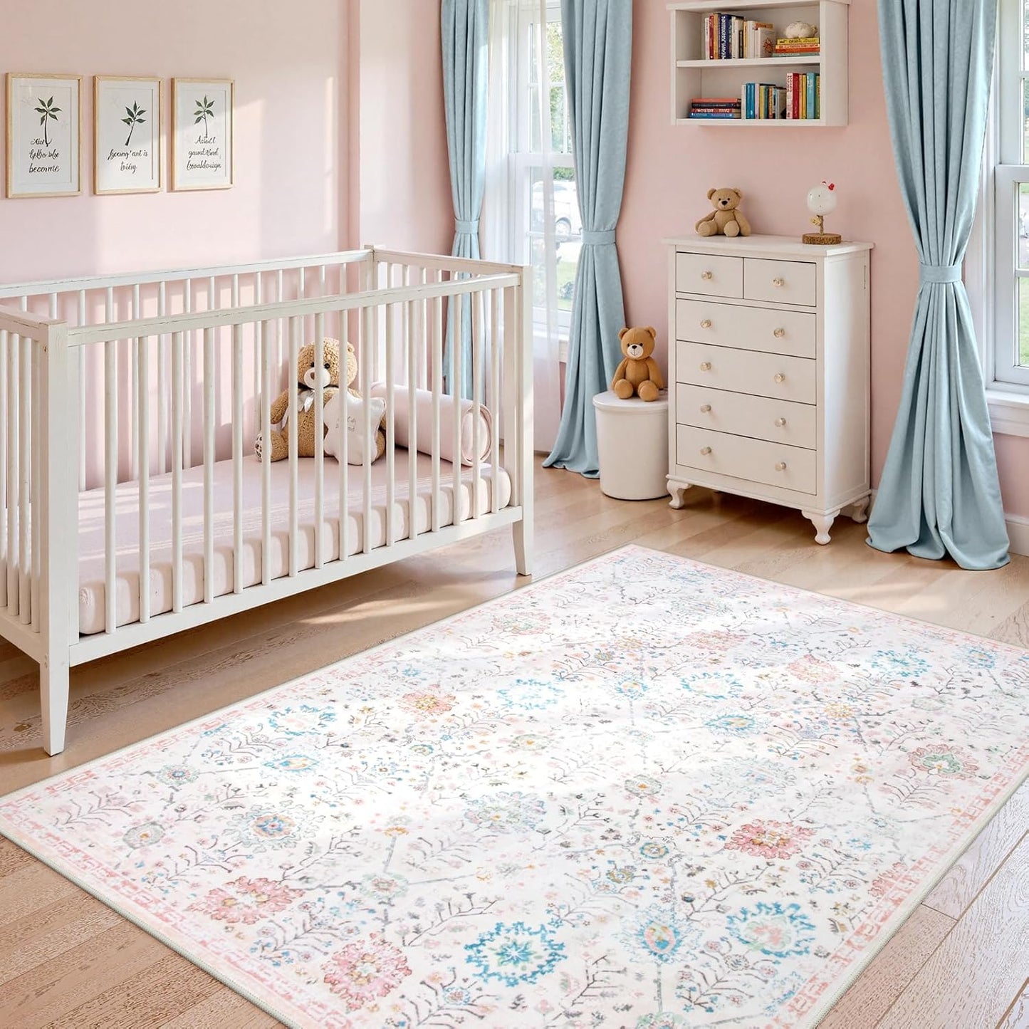 Lahome Soft Nursery Rug, Washable Area Rugs 5x7 for Cozy Kids Room, Lightweight Boho Carpet for Dorm with Non Slip Backing, Non Shedding Easy Care Floral Simple Carpets for Bedroom Living Room, Beige