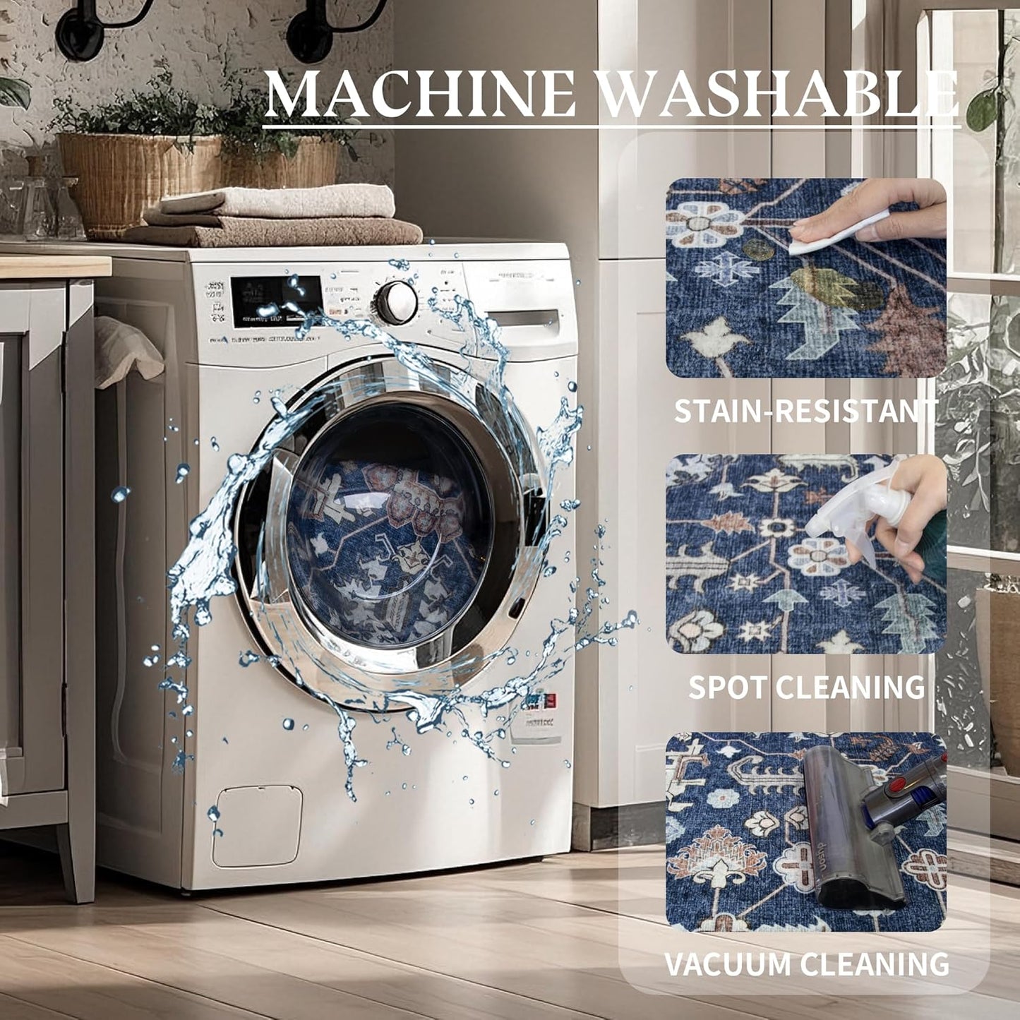 8x10 Area Rugs Washable: Oriental Soft Area Rug for Living Room Bedroom No Shedding - Low Pile Thin Carpet Rug for Dining Room Non Slip - Boho Vintage Rug for Home Decor - Navy Blue