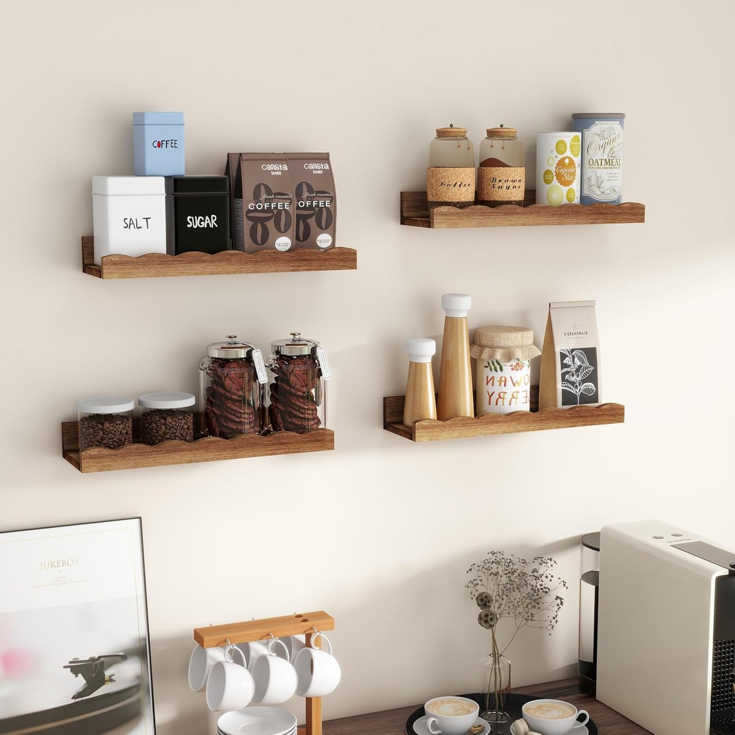 Fun Memories Picture Ledge Shelf for Wall, 16 inch Pine Wood Nursery Book Shelves Set of 4- Wall Book Shelves for Kids Room, Home Decor - Kitchen Spice-Carbonized